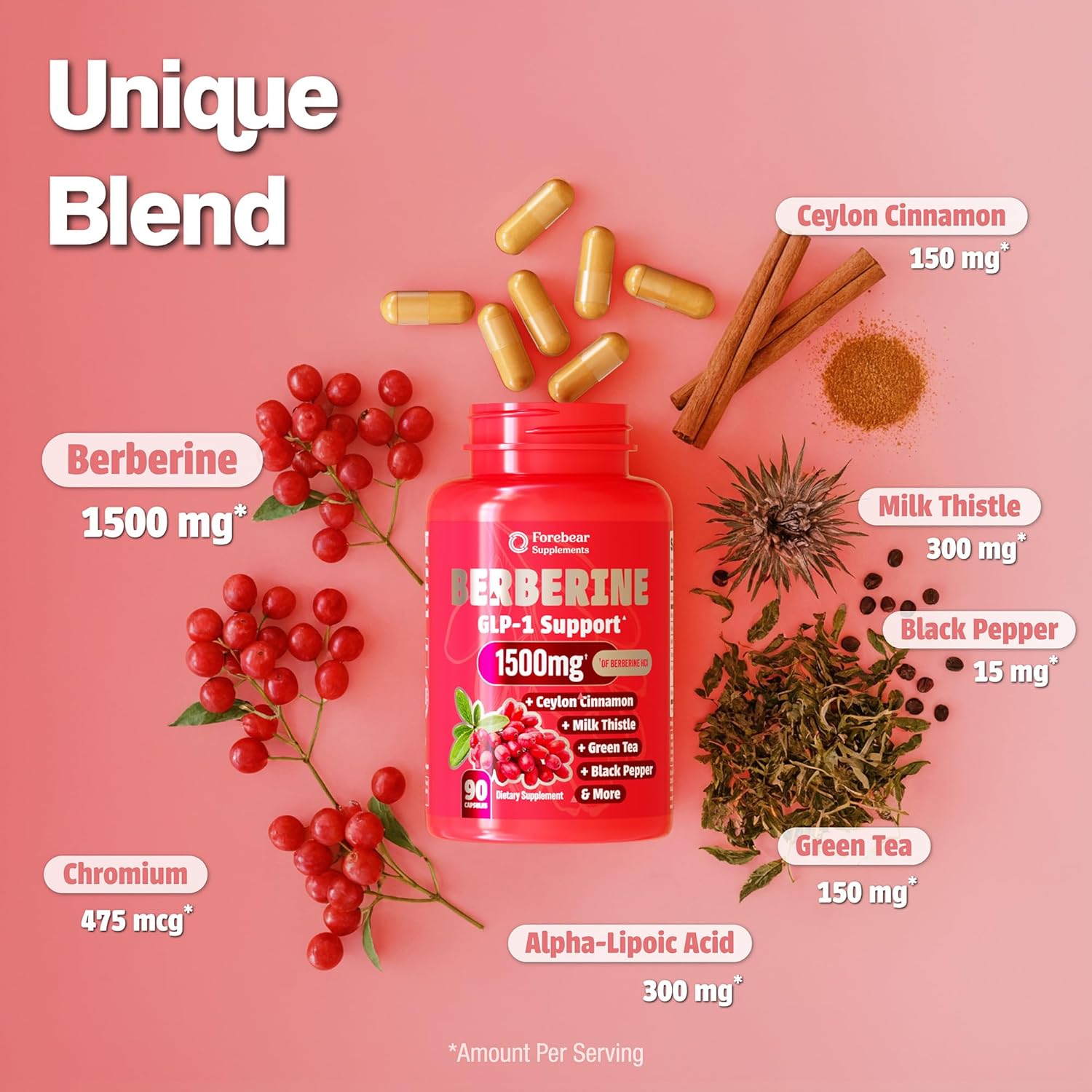 Berberine 1500mg GLP-1 Weight Loss Supplement Pills for Women & Men - Appetite Suppressant with Ceylon Cinnamon, Milk Thistle, Chromium Picolinate, Green Tea & Alpha Lipoic Acid - 90 Veggie Capsules - Image 4