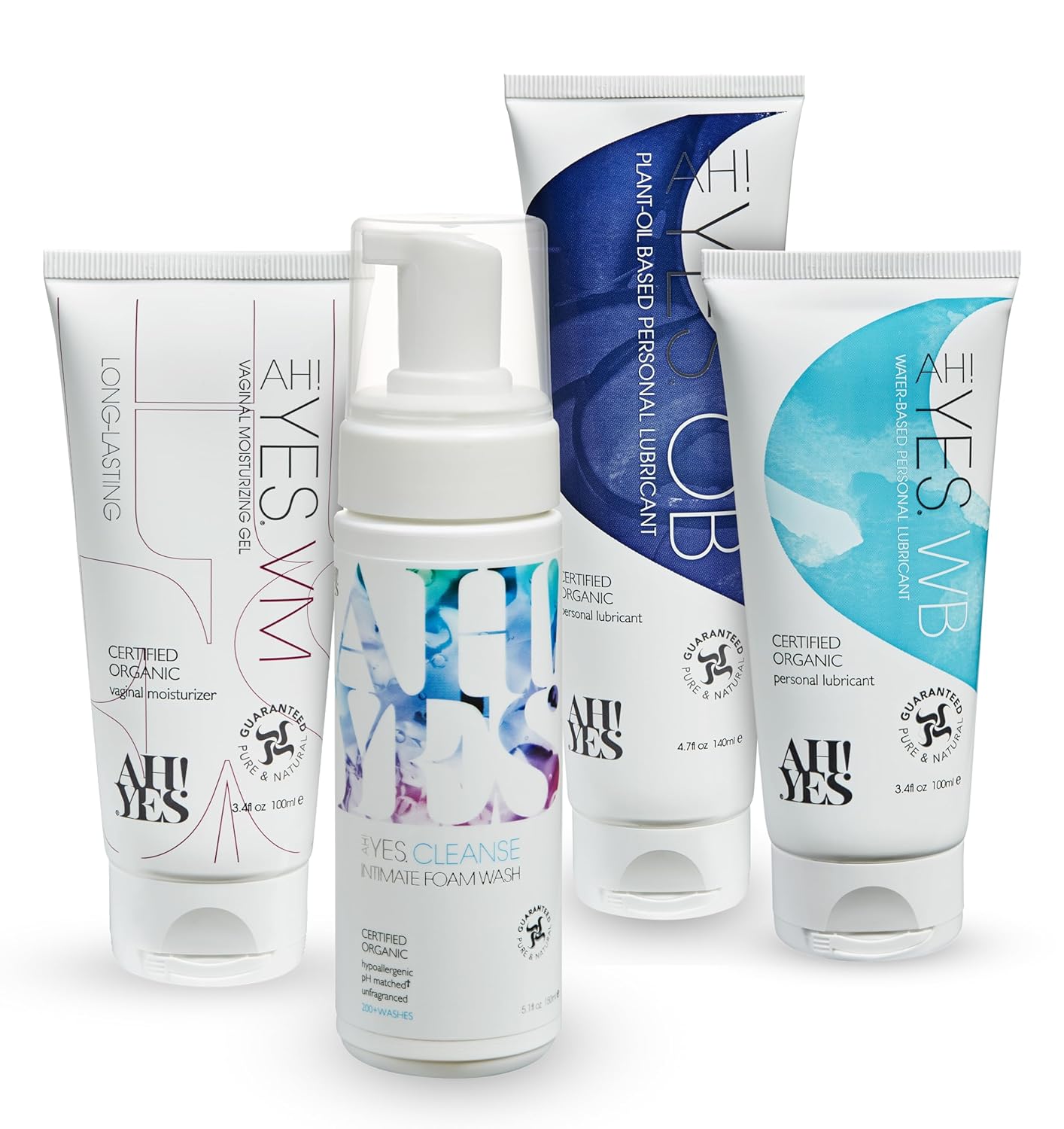 AH! YES® Intimate Health Starter Bundle | Certified Organic | Water-Based & Plant-Oil Lubricants, Vaginal Moisturizer & pH-Balanced Feminine Wash | Long-Lasting Hydration & Gentle Care