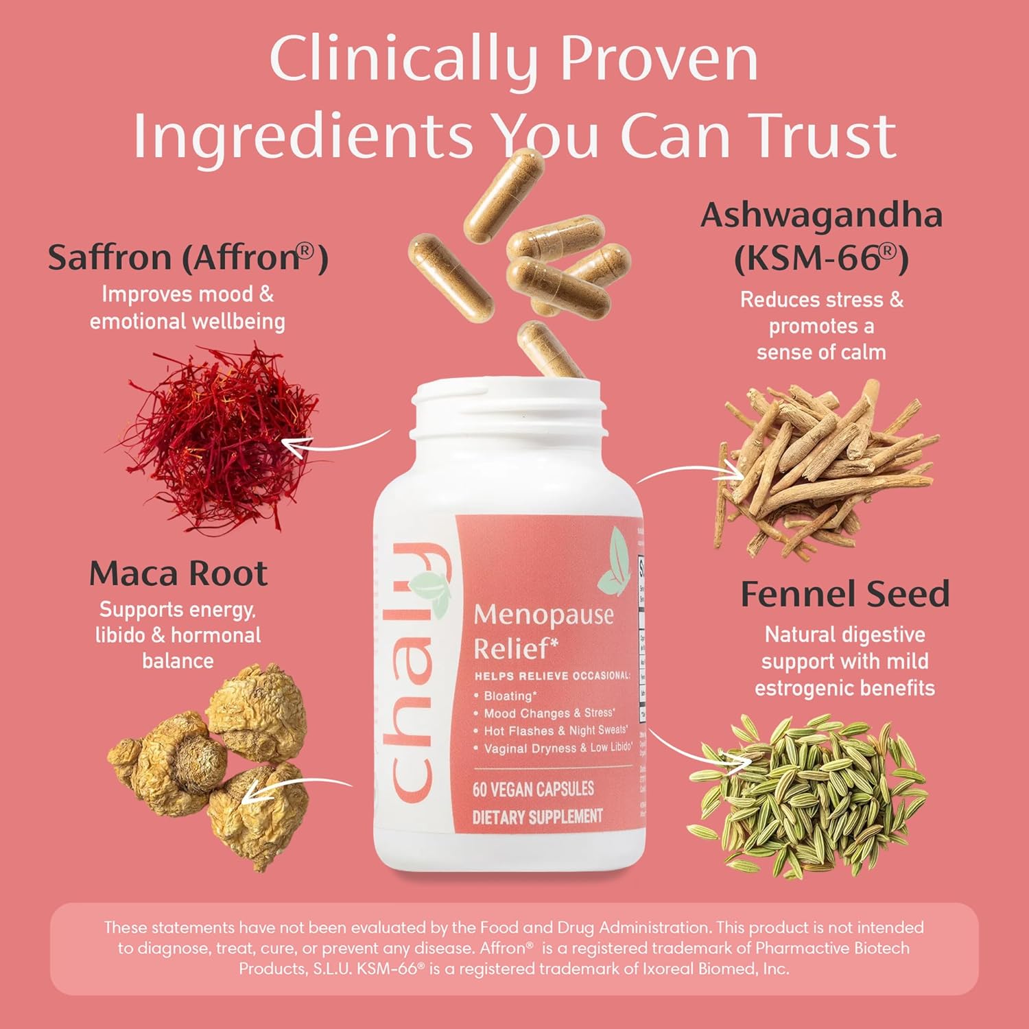 Chaly Menopause Supplements for Women with Ashwagandha KSM 66 and Saffron | Hot Flash, Bloating, Libido, Vaginal Dryness, Stress, and Mood Support Supplement | Menopause Relief Supplements | 60 Count - Image 2