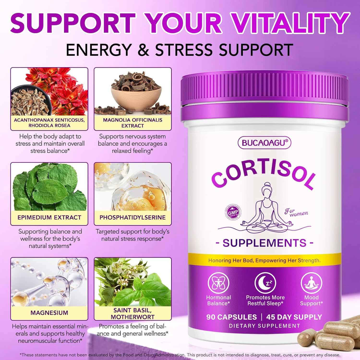 Cortisol Supplements for Women - Cortisol Reducer & Stress Support - Magnolia Bark, Rhodiola Rosea, Holy Basil, Magnesium, Phosphatidylserine - Hormone Balance & Mood, Focus, Sleep Support - Image 2
