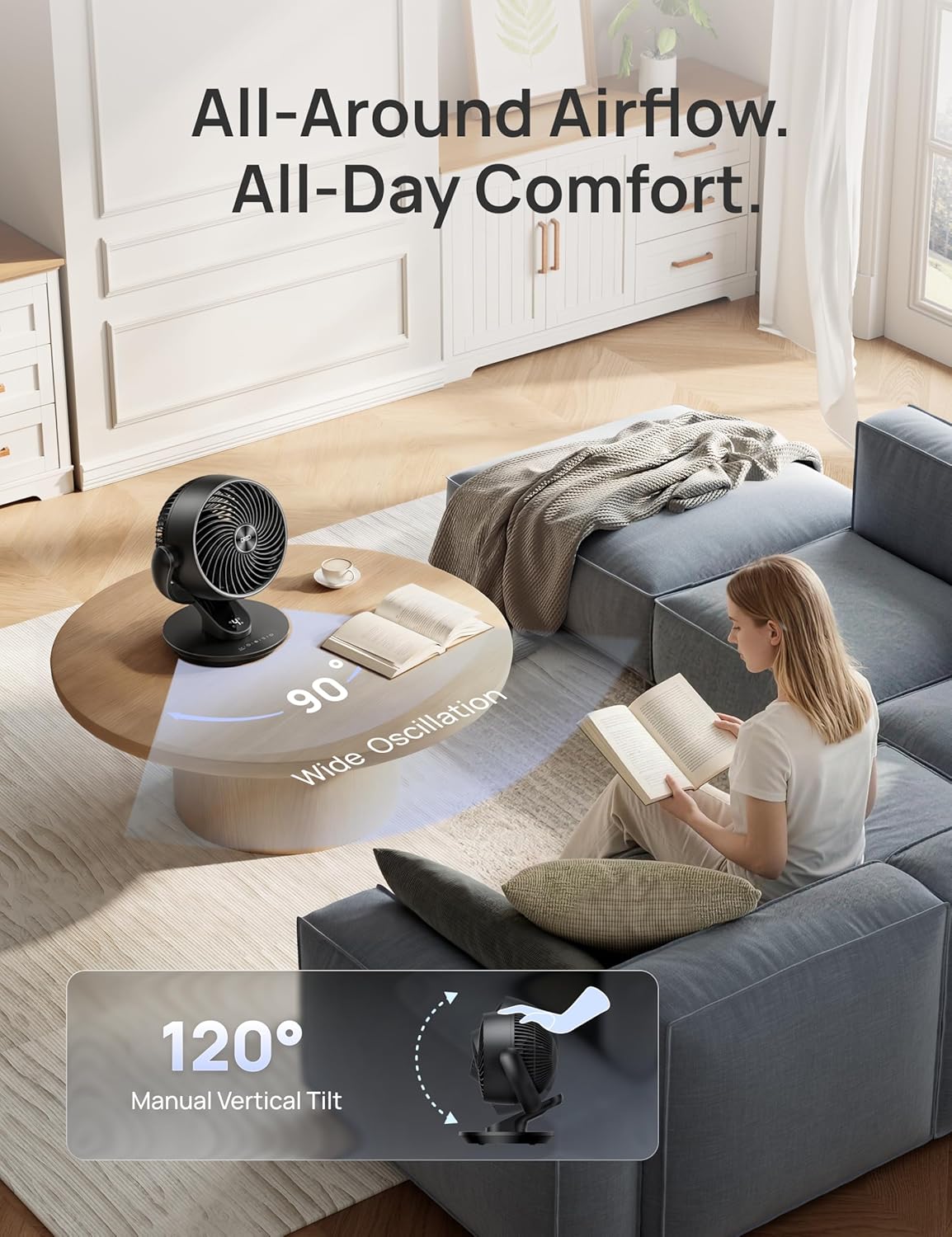 DREO Fan for Bedroom, 13-Inch Oscillating Table Air Circulator Fan for Whole Room, 120° Tilt Adjustment, 25dB Ultra-Quiet, 75ft Powerful Airflow, 4 Speeds Desk Fans with Remote for Home, Office - Image 4