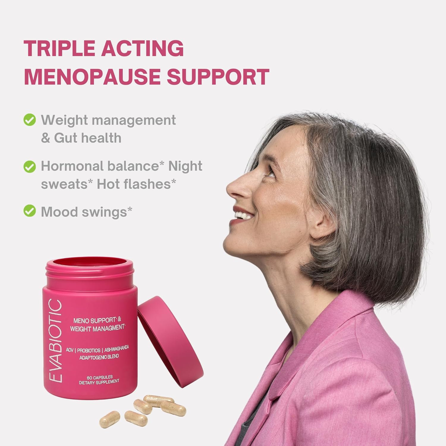 Complete Menopause Vitamins - Ashwaghanda, Probiotics, ACV for Weight Management, Hot Flashes, Night Sweats, Bloat, Hormone Balance - Vegan 60 Caps Menopause Supplements for Women Non-GMO - Image 3