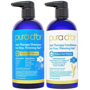 PURA D'OR Hair Thinning Therapy Biotin Shampoo and Conditioner Set, CLINICALLY TESTED Effective Results, Hair Thickening Products For Women & Men, Natural Routine, Color Safe, 16oz x2