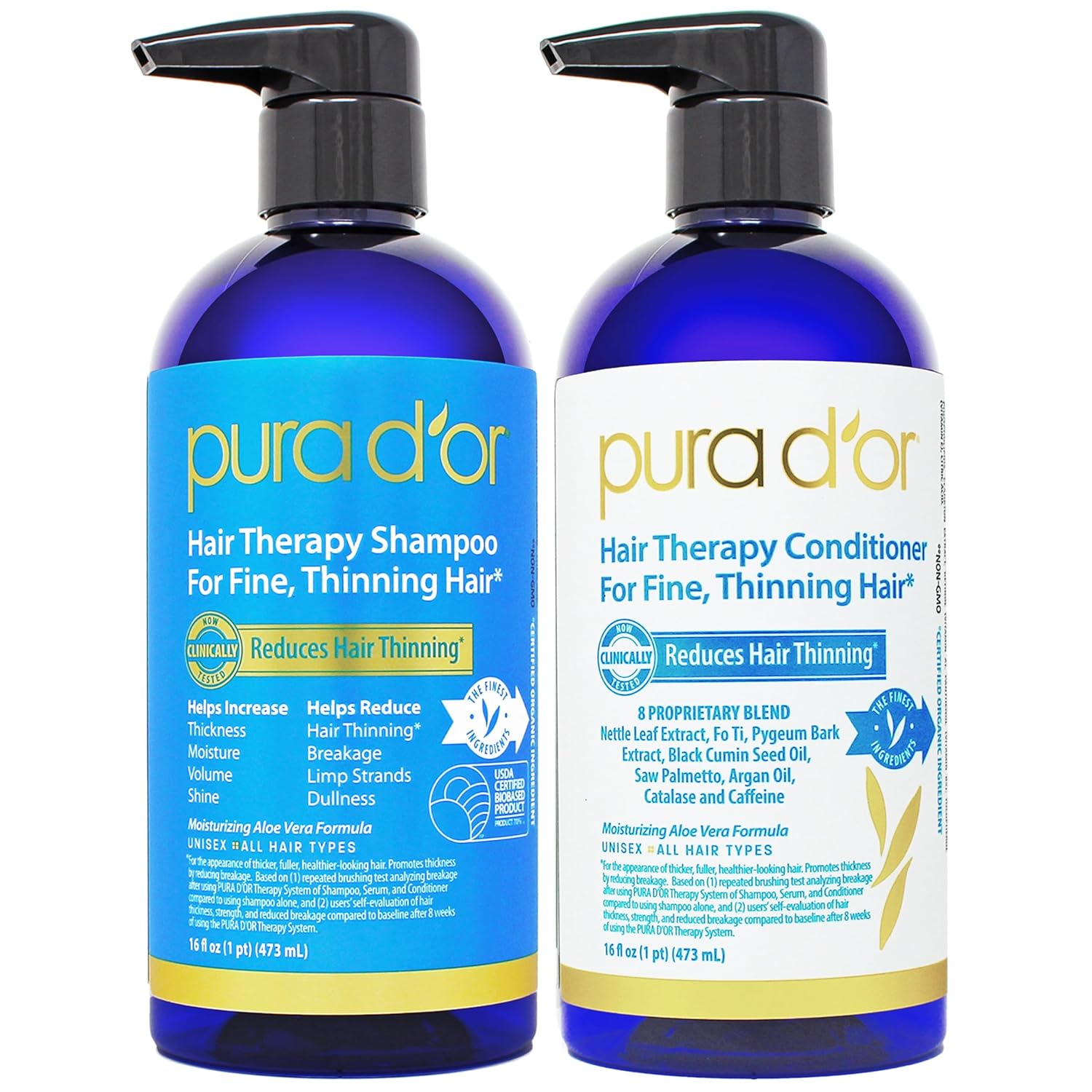 PURA D'OR Hair Thinning Therapy Biotin Shampoo and Conditioner Set, CLINICALLY TESTED Effective Results, Hair Thickening Products For Women & Men, Natural Routine, Color Safe, 16oz x2