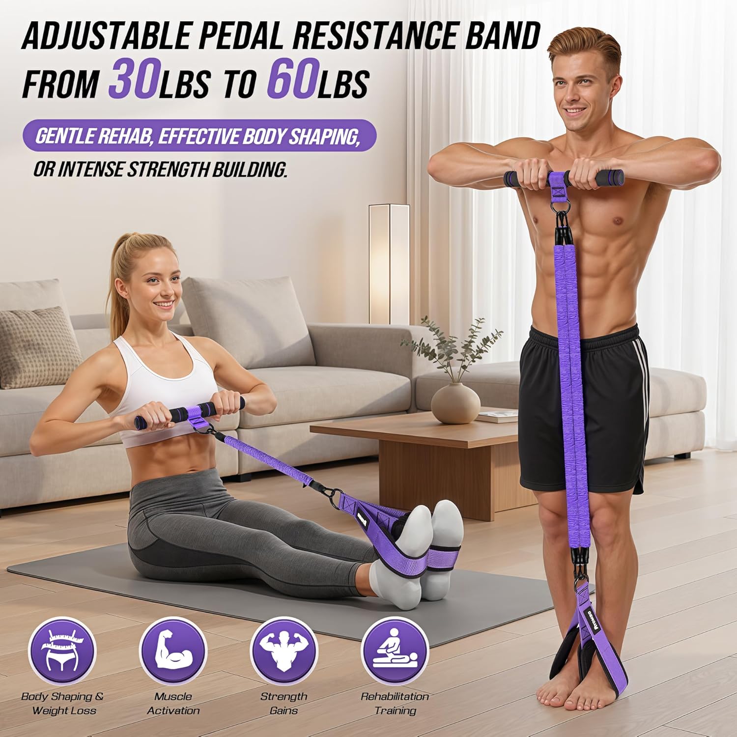 Upgrade Pedal Resistance Band with Handle, Adjustable Tube Foot Pedal Device Puller Exercise Bands, for Abs Arm Leg Waist Workout, Core Pilates, Sit Up Fitness Equipment for Full Body Training - Image 3
