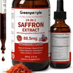 GREENPEOPLE Saffron Extract Supplements Drop - 24-in-1 88.5mg Saffron Extract with Ashwagandha,Black Cohosh & Lion's Mane for Mood&Focus,Stress Relief,Cortisol Reducer,Menopause – Vegan 2FL OZ