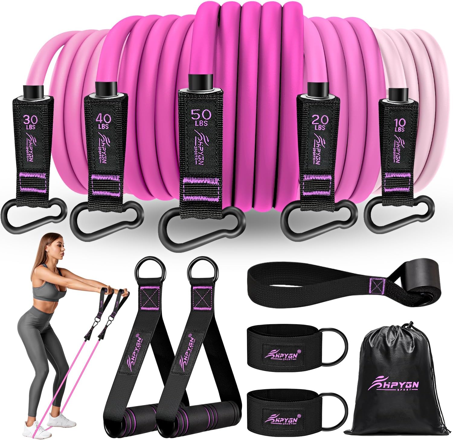HPYGN Resistance Bands, Exercise Bands with Handles, Fitness Bands, Workout Bands with Door Anchor and Ankle Straps, for Heavy Resistance Training, Physical Therapy, Shape Body, Yoga, Home Workout Set