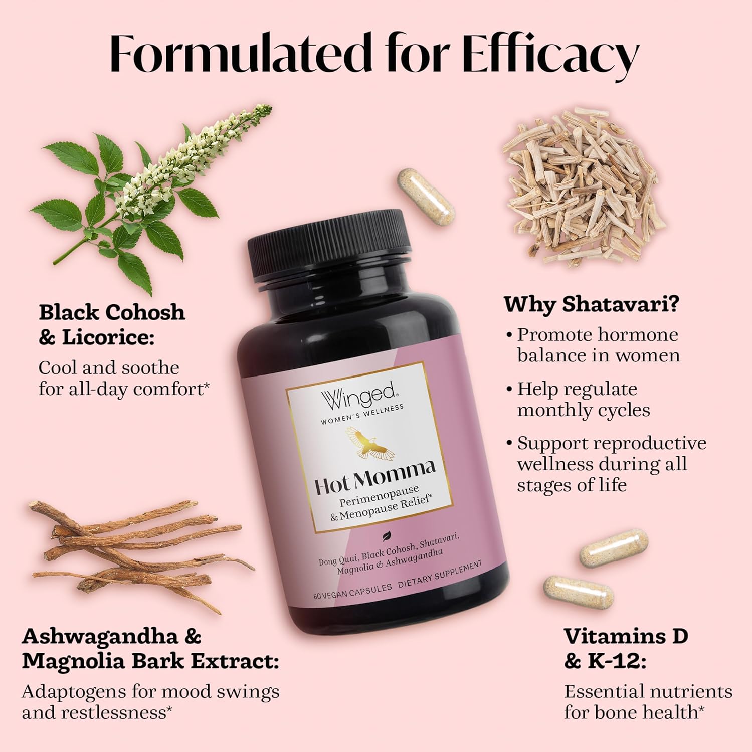 Winged Wellness Hot Momma Menopause Supplements for Women - Hormone-Free Menopause Relief Support for Hot Flashes & Night Sweats with Chaste Tree Berry, Multivitamins & Shatavari - 60 Vegan Capsules - Image 3