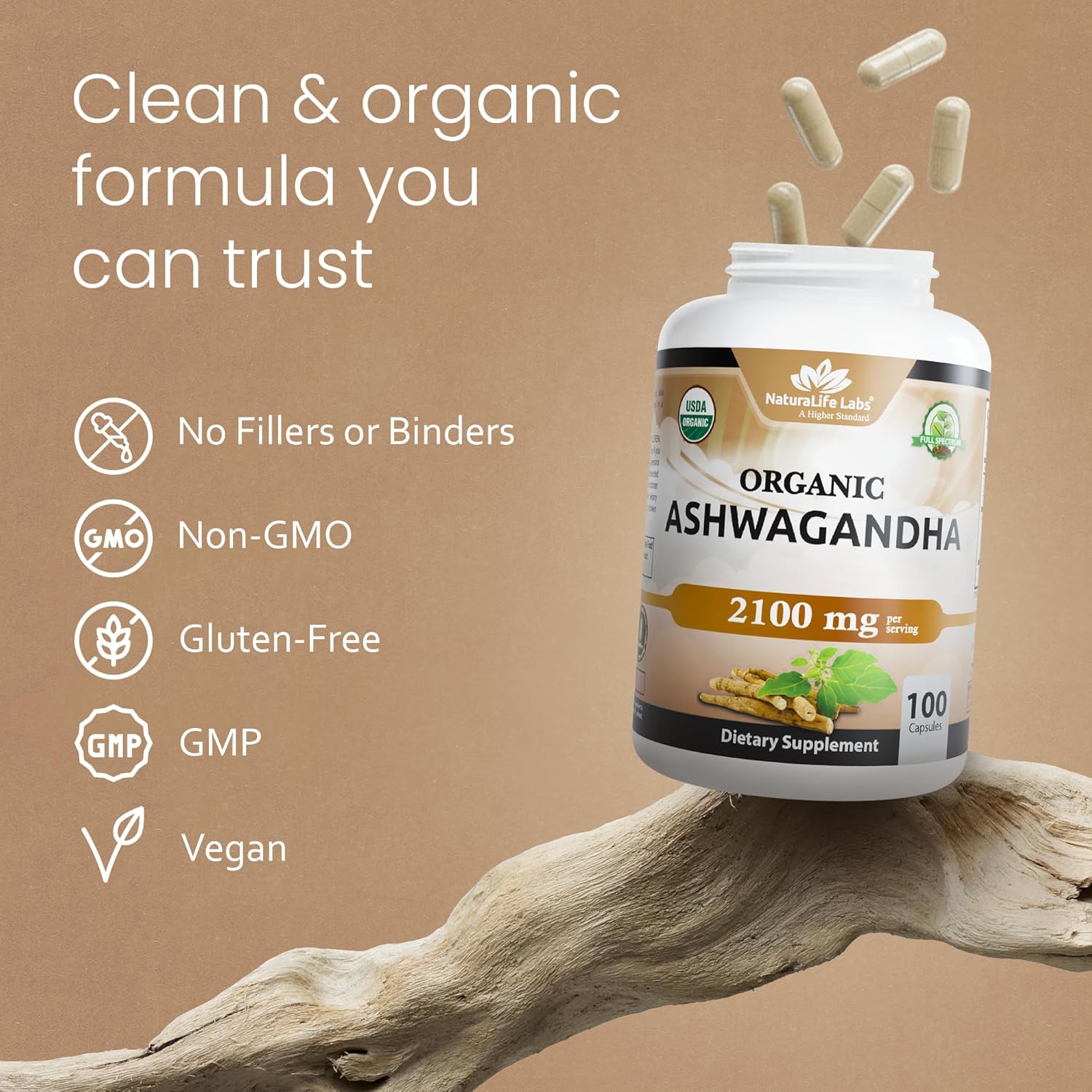 NaturaLife Labs Organic Ashwagandha 2100 mg per Serving – Full Spectrum Root Powder and Standardized Extract (Withanolides) – 100 Capsules – Vegan – Non-GMO, Gluten-Free - Image 6