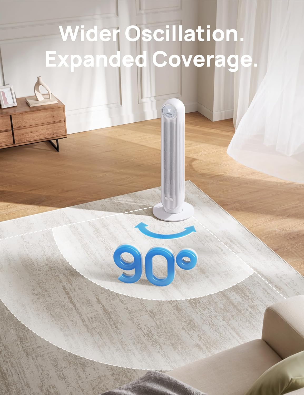 DREO Tower Fan for Bedroom, 25ft/s Velocity Quiet Floor Fan, 90° Oscillating Fans for Indoors with 4 Speeds, 4 Modes, 8H Timer, Standing Fans, Bladeless Fan, White (DR-HTF007) - Image 5