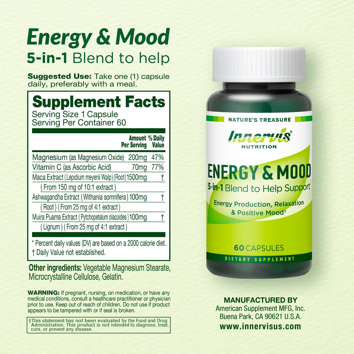 Caffeine Free Natural Energy Boost with Ashwagandha, Maca & Magnesium - Support Stress Relief, Focus & Mood - 60 Capsules by Innervis Nutrition - Image 8