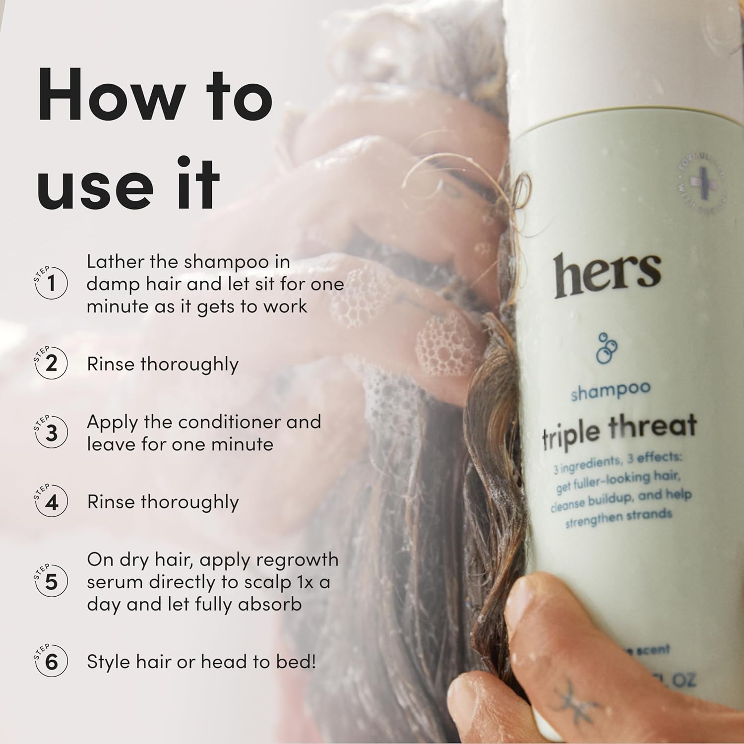 hers Triple Threat Shampoo, Conditioner, and 2% Minoxidil Set - Biotin, Saw Palmetto, & Pumpkin Seed Oil - Supports Hair Regrowth for Women - Color-Safe & Paraben-Free - Napa Rose Scent - 3 Count - Image 5