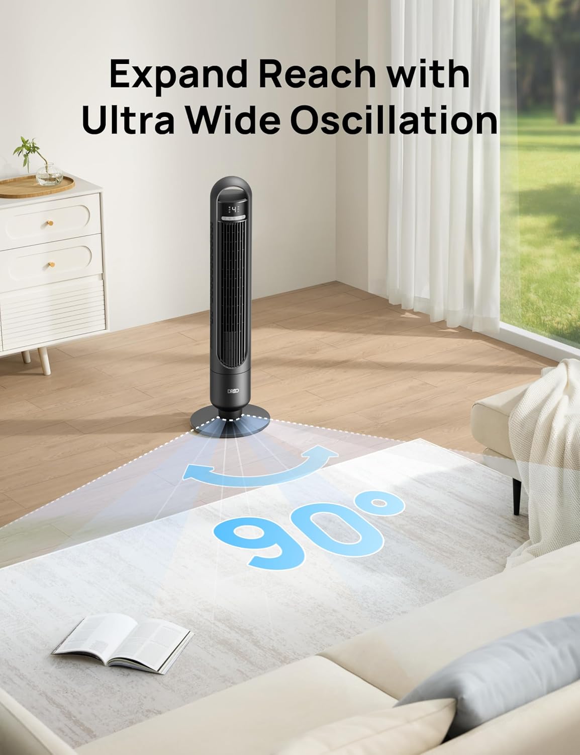 DREO Tower Fan for Bedroom, 90° Oscillating Standing Fans for Room with 4 Speeds, 3 Modes, 28dB Quiet for Sleep, 26ft/s Velocity, 8H Timer, Remote, Living Room, Office, Home, Black - Image 5
