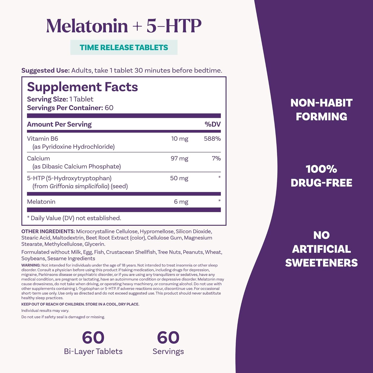 Natrol Melatonin + 5-HTP Time Release Sleep Aid, Triple Action Formula, Calm the Mind, Fall Asleep Faster and Stay Asleep Longer, 60 Bi-Layer Tablets, Up to a 60 Day Supply - Image 6