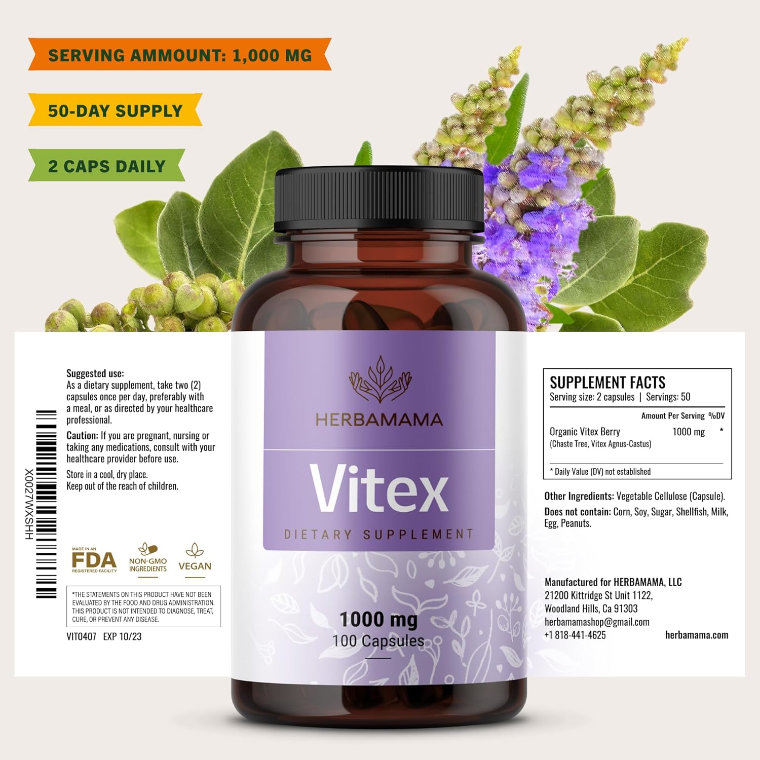 HERBAMAMA Vitex Berry Capsules – Natural Menopause Supplements* for Women – 1000mg Vitex Chasteberry Fruit per Serving for Menopause Support* – Vegan, Non-GMO – 50-Day Supply - Image 9