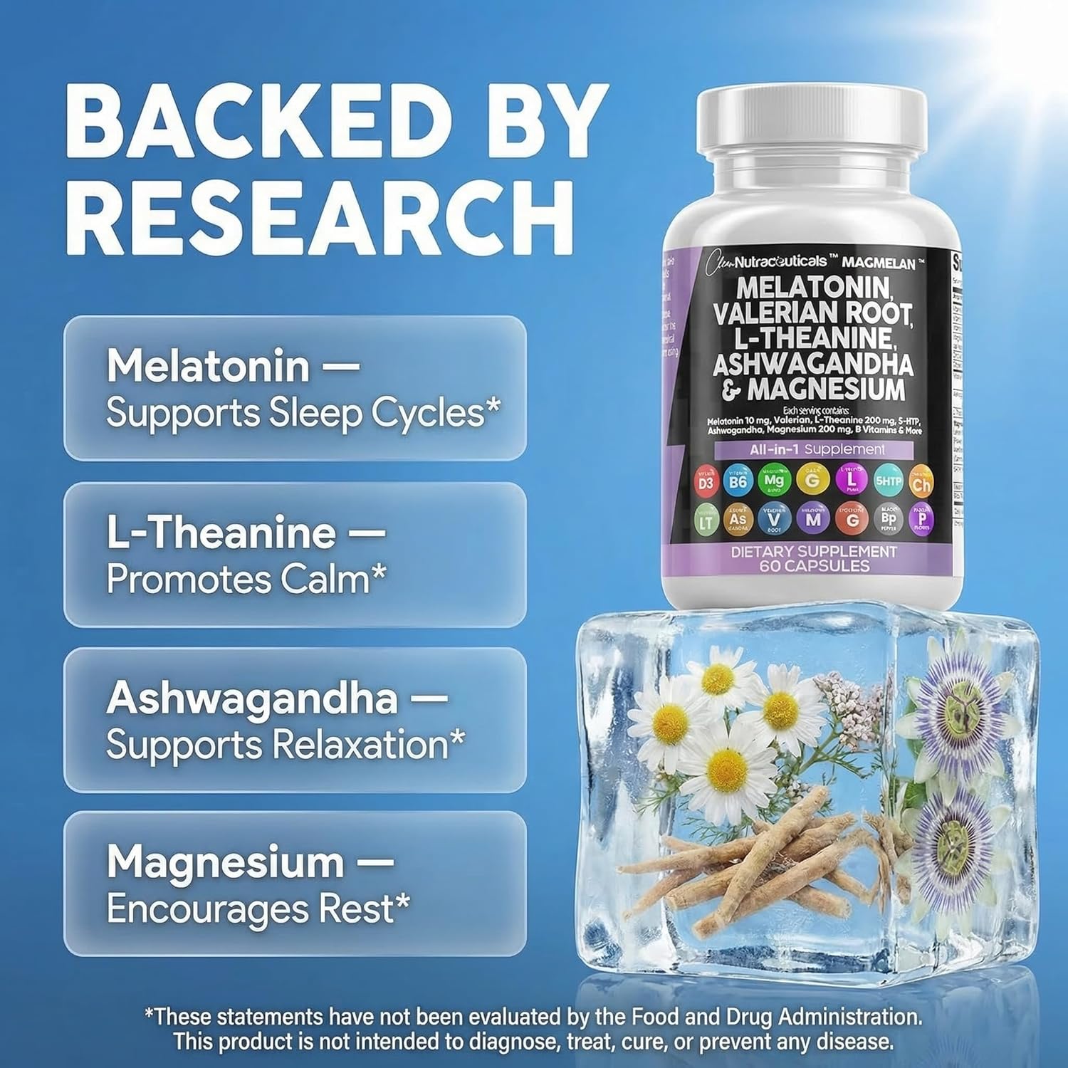 Clean Nutraceuticals Melatonin 10mg Valerian Root L Theanine 200mg Ashwagandha - Sleep Support for Women & Men with Magnesium Complex, Lemon Balm, Chamomile, & Passion Flower - 60 Caps - Image 3