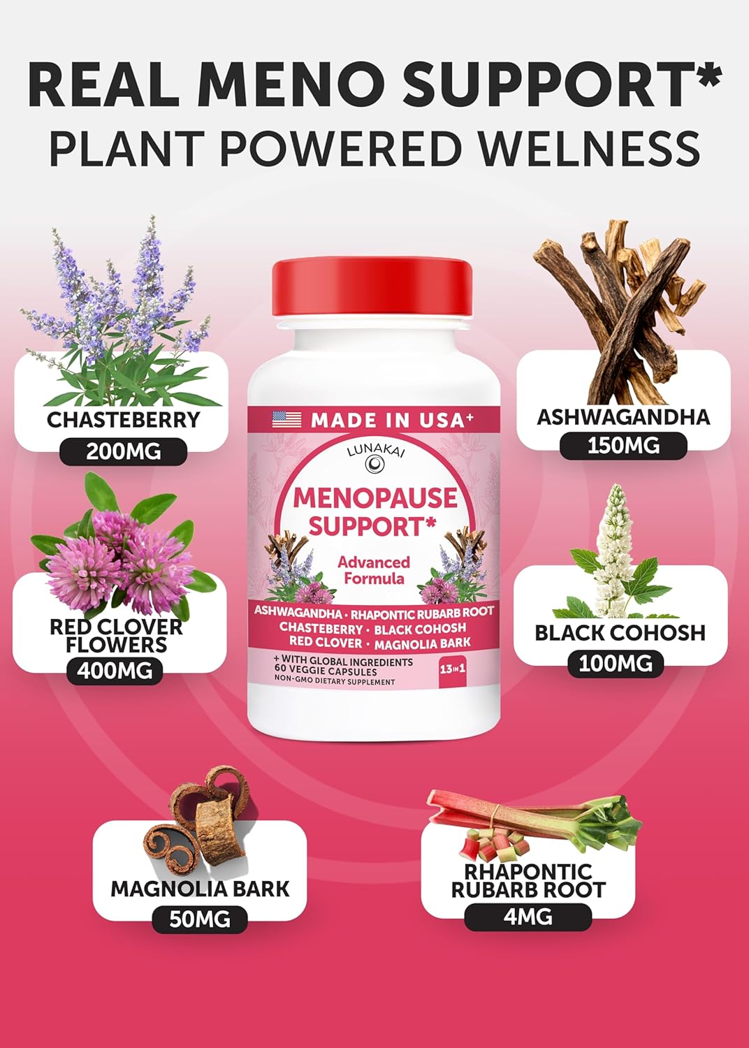 Lunakai USA Made Natural Menopause Supplements for Women – 13-in-1 Menopause Relief for Hot Flashes, Night Sweats, Sleep & Mood Support, 60ct - Image 3