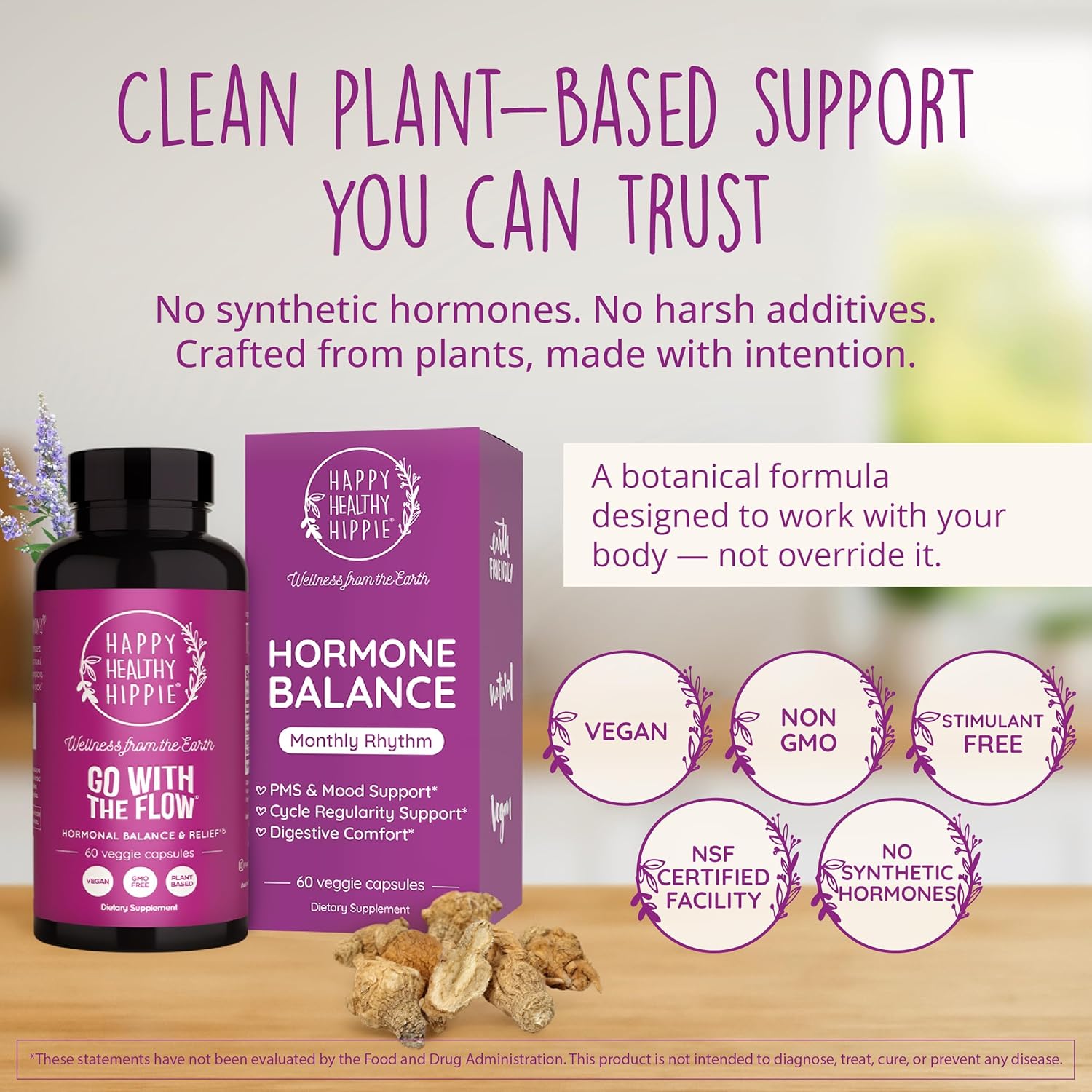 Happy Healthy Hippie Hormone Balance for Women — PMS Support & PMDD, Mood, Cycle Regularity — Chasteberry Supplements with Maca, Dong Quai, Black Cohosh — Vegan, Non-GMO, 60 Capsules - Image 3
