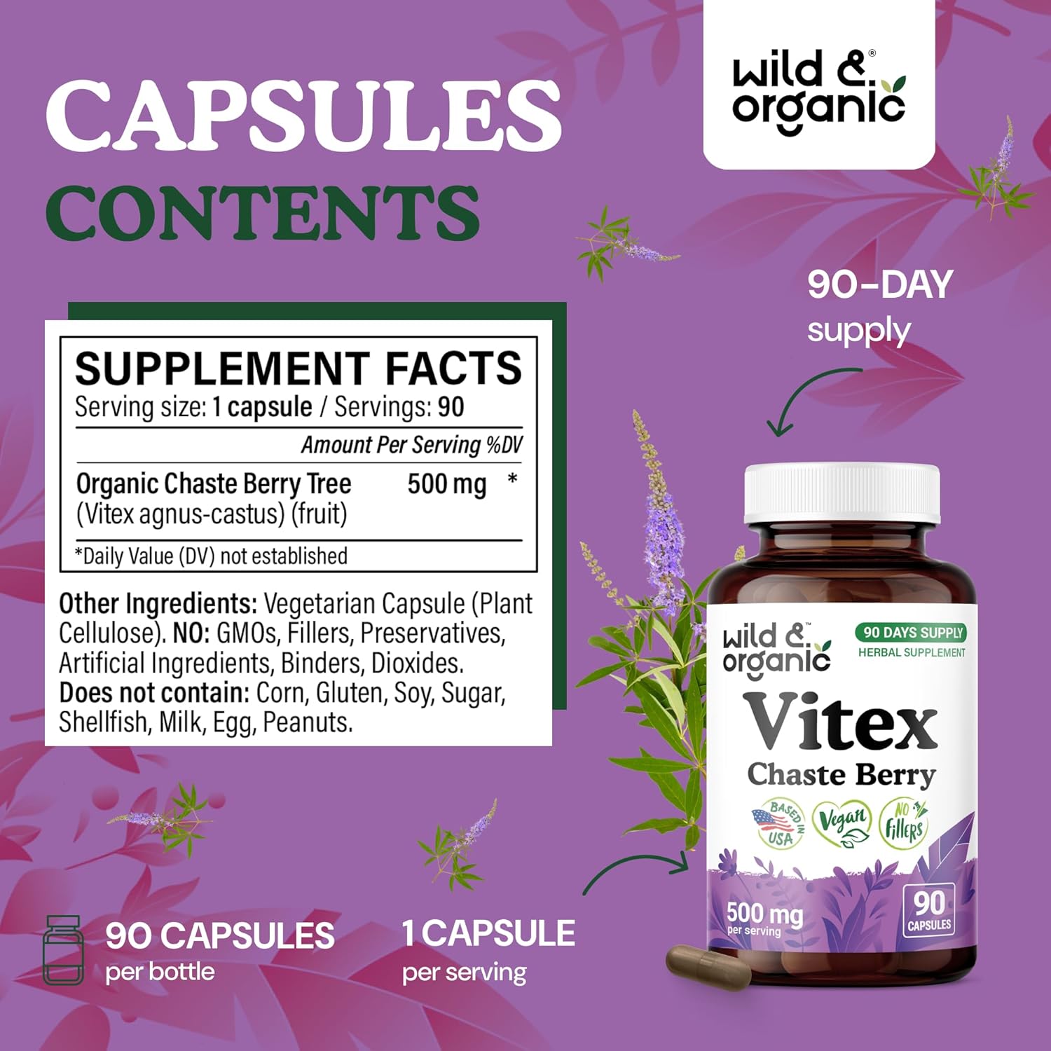 Wild & Organic Vitex Chasteberry Supplement for Women - Peri Menopause Supplements for Women - Vitex Berry Powder Capsules - Chaste Tree Berry Agnus-Castus - Vegan, No Fillers, Non-GMO - 90 Count - Image 3