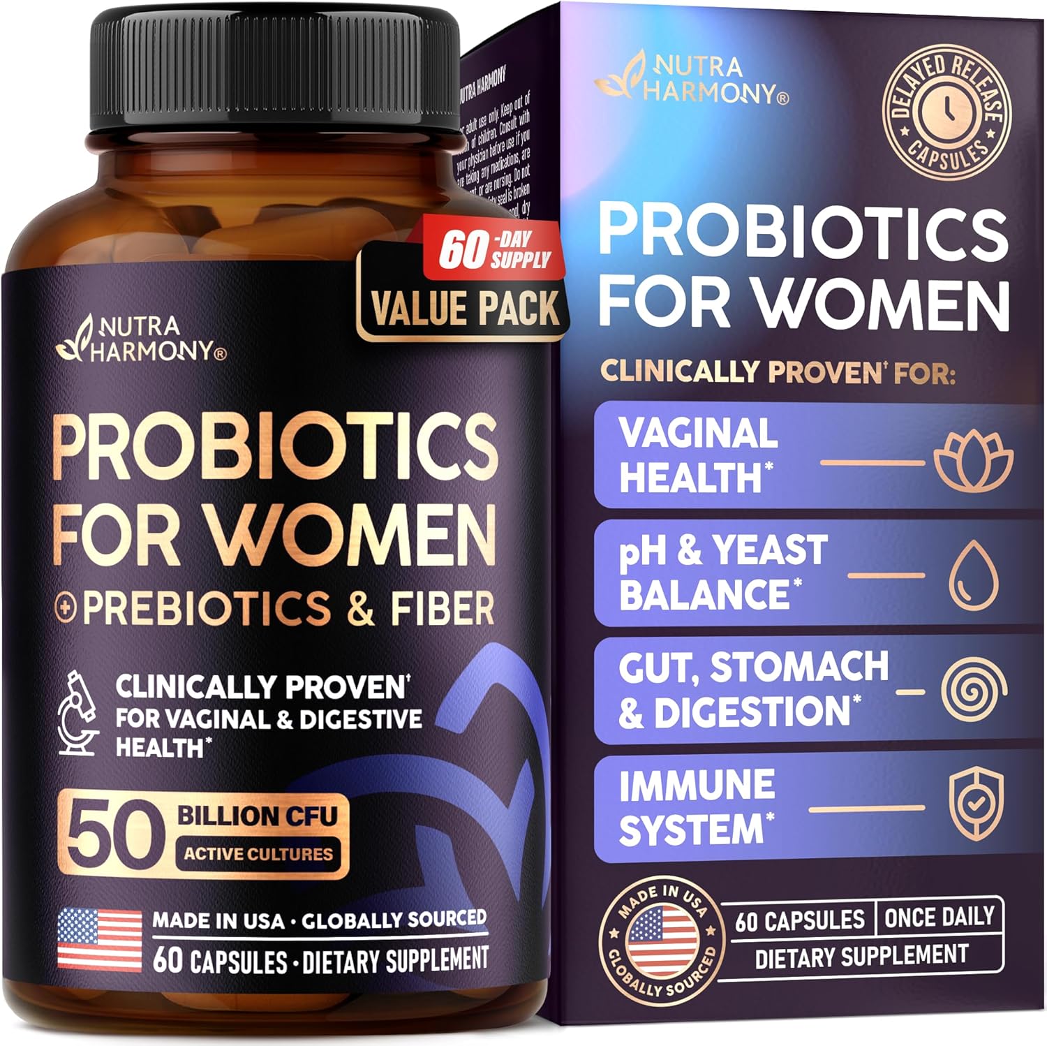 Probiotics for Women 50 Billion CFU - Vaginal Probiotics Clinically Proven for Yeast & pH Balance - Digestion & Bloating Relief - 8 Strains + Prebiotics - Delay Release - Made in USA, 60 Capsules