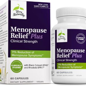 Terry Naturally Menopause Relief Plus - Menopause Symptom Supplement - Supplement to Aid Against Occasional Tiredness & Night Sweats - Supplement with Rhodiola & Black Cohosh - 60 Capsules