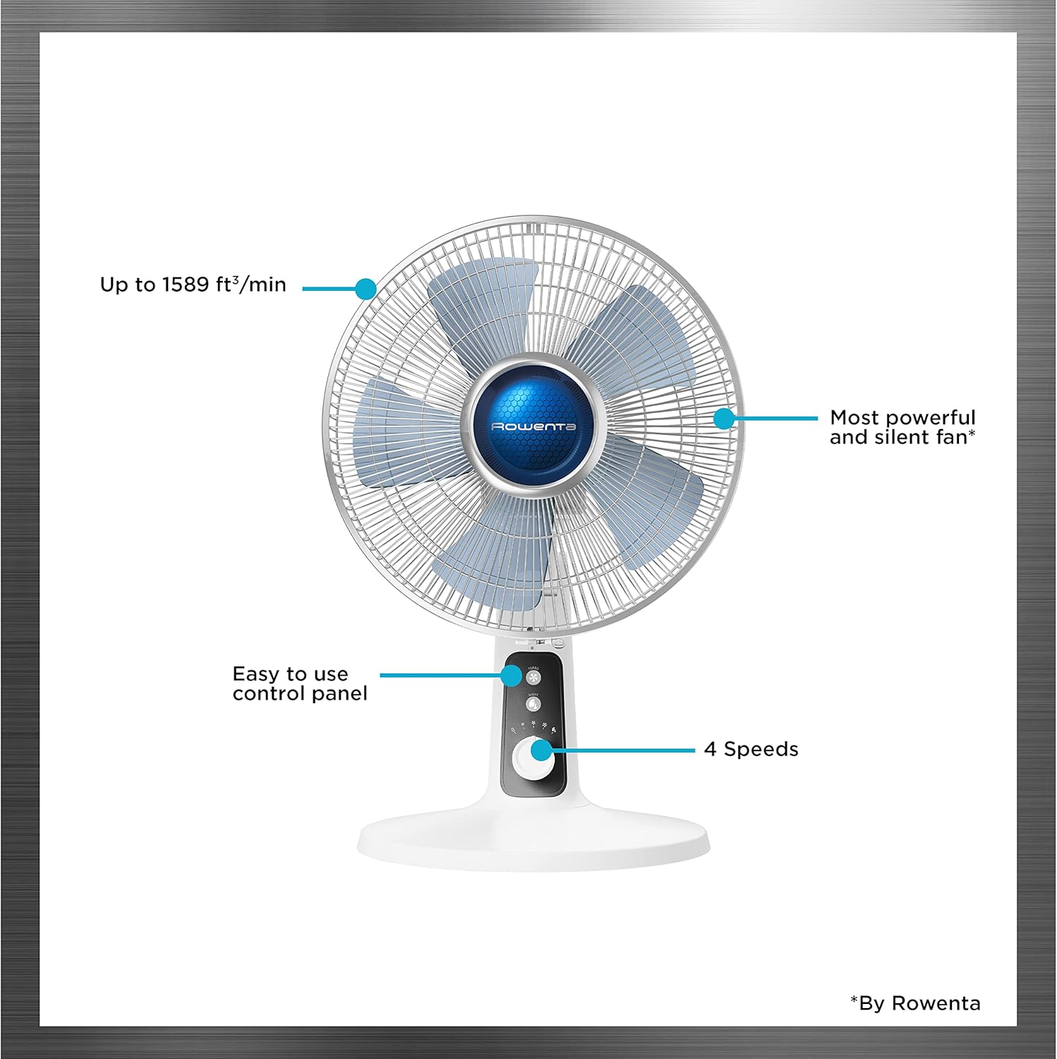 Rowenta, Desk Fan, Turbo Silence Table Fan, 12 Inches, Ultra Quiet Fan for Bedroom, Oscillating, Portable, 4 Speeds, Manual Turn Dial, White, Indoor, VU2730 - Image 4