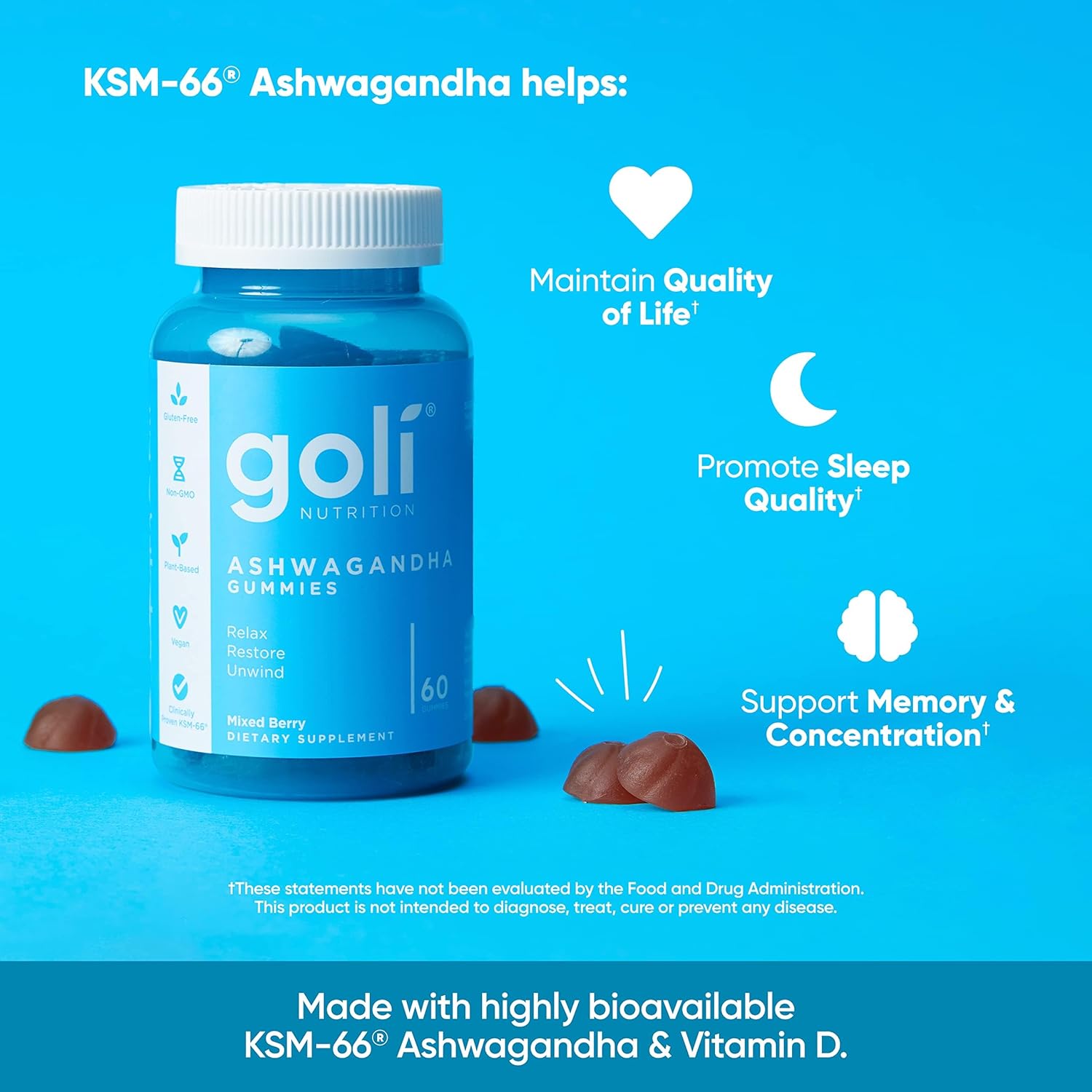 Goli Ashwagandha & Vitamin D Gummy - 60 Count - Mixed Berry, KSM-66, Vegan, Plant Based, Non-GMO, Gluten-Free & Gelatin Free Relax. Restore. Unwind, Pack of 1 - Image 7