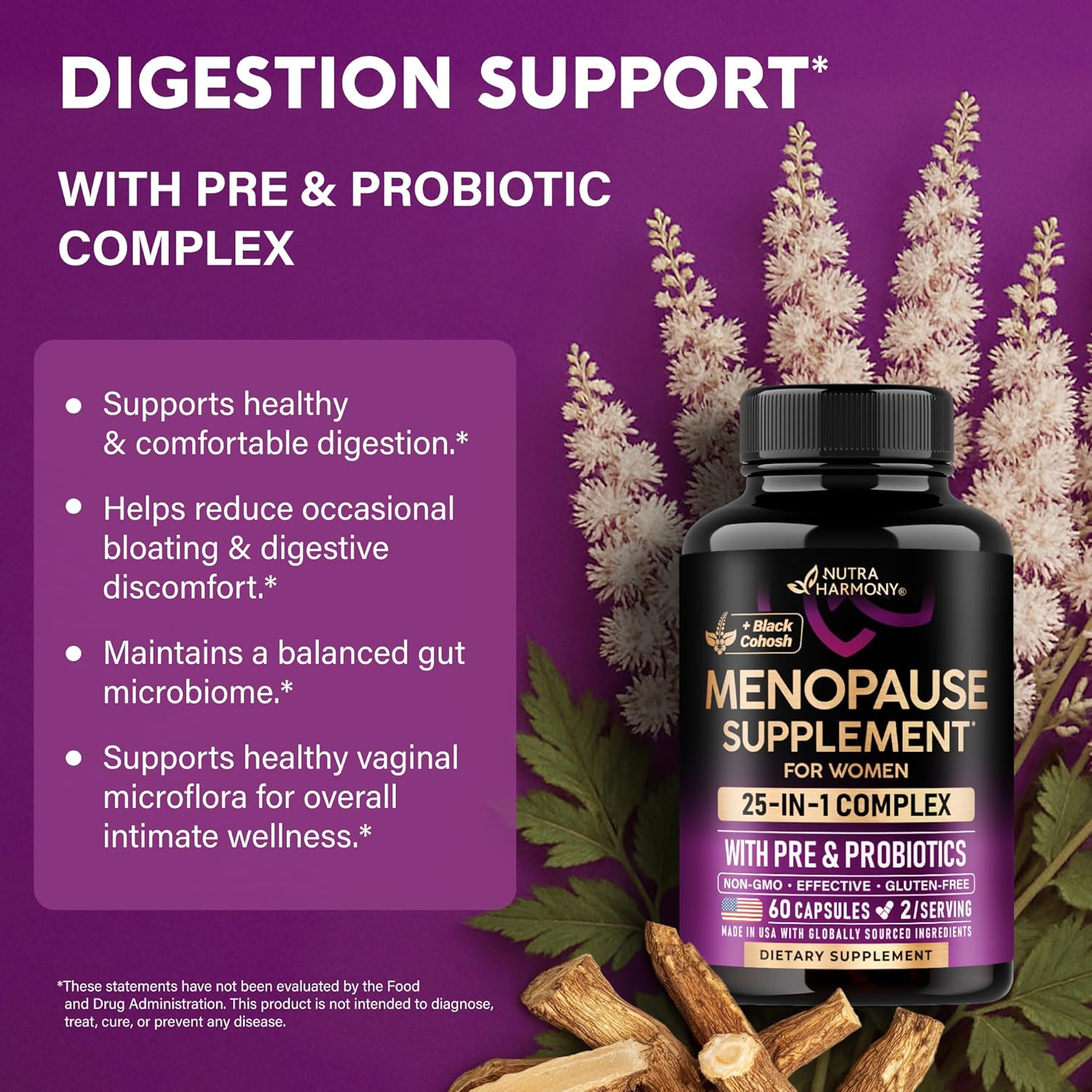 Menopause Supplements for Women - Dong Quai, Black Cohosh, Pre & Probiotics - Sweats & Hot Flashes Relief - Digestion, Sleep & Mood Support - 25-in-1 Perimenopause Complex - Made in USA - 60 Capsules - Image 5