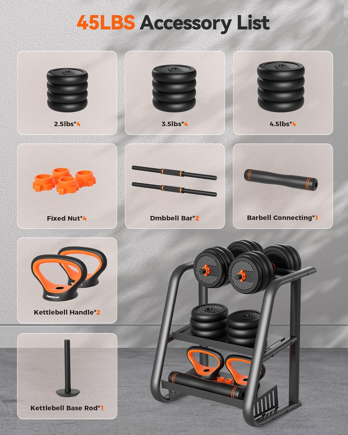 FEIERDUN DS2 Adjustable Dumbbells, 20/30/40/45/70/90lbs Free Weight Set with Connector, 5 in1 Dumbbells Set Used as Barbell, Kettlebells, Push up Stand, Weight Plate, Fitness Exercises for Home Gym Suitable Men/Women - Image 9