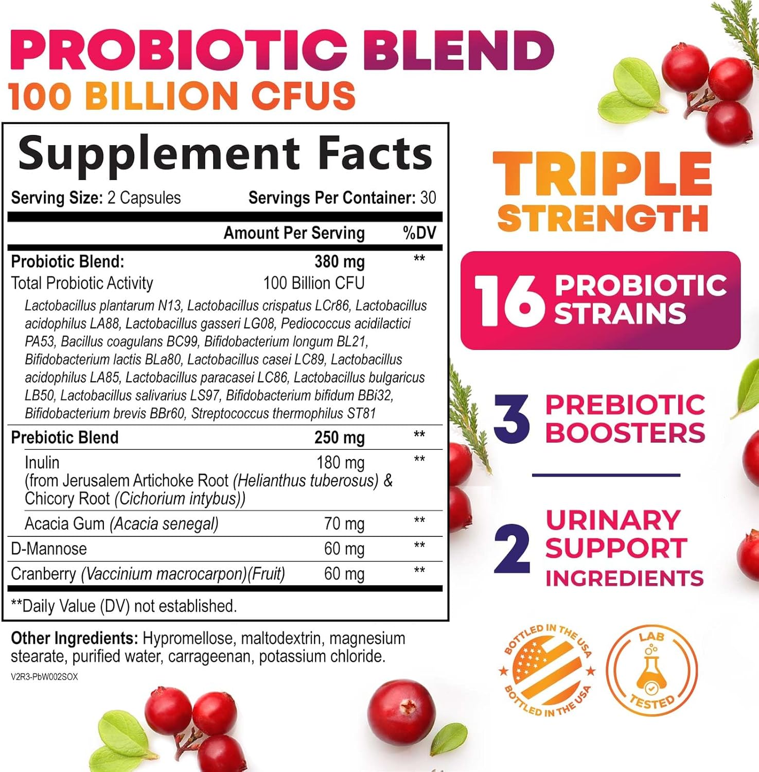 Probiotics for Women - Probiotic Blend 100 Billion CFU Per Serving - Women's Probiotic for Targeted Vaginal & Digestive Health Support - 16 Strains, Cranberry, Prebiotics - Bottled USA - 60 Capsules - Image 2