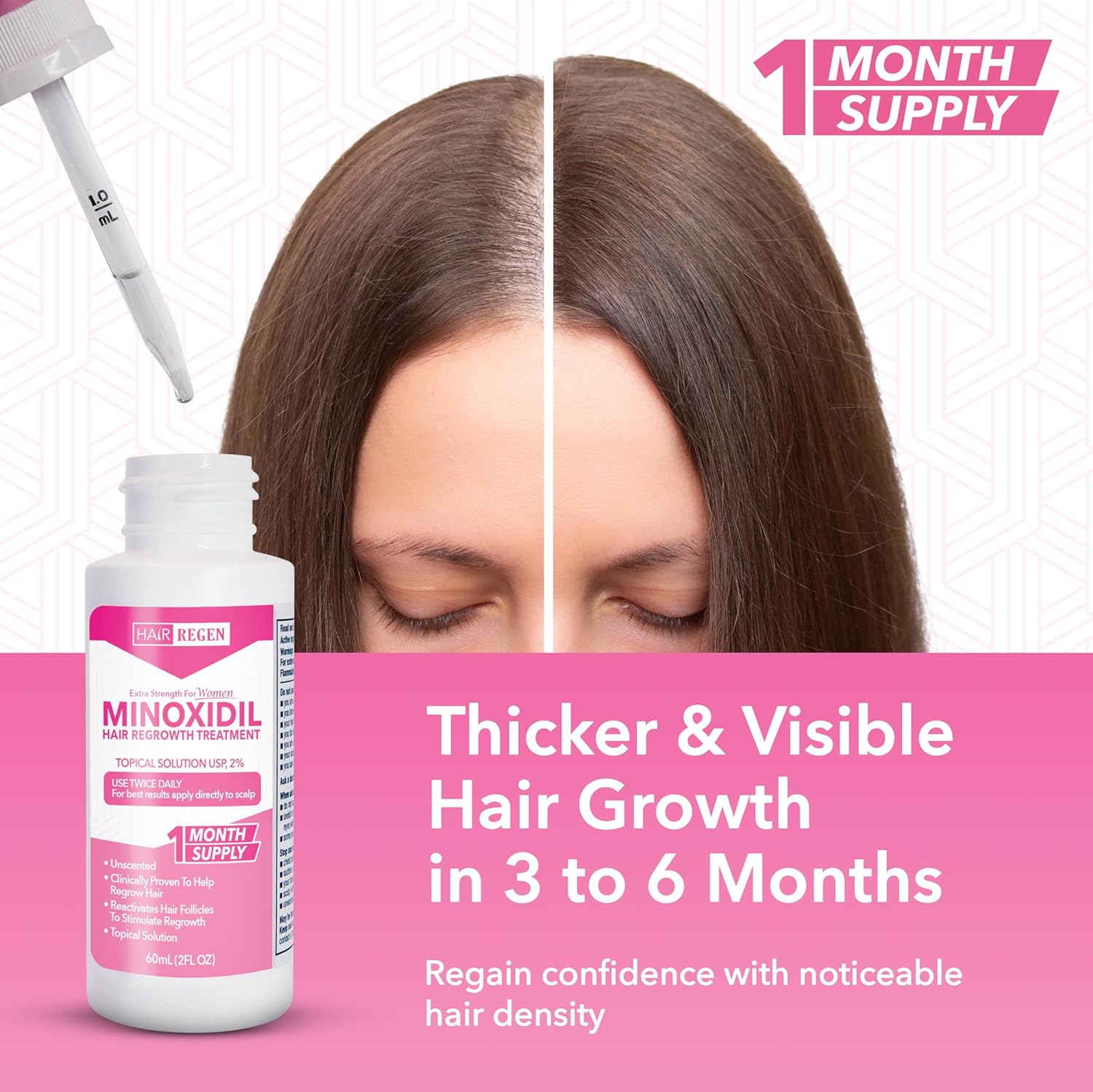 Hair Regen Liquid Minoxidil Women 2% Percent - Extra Strength Advanced Topical Solution for Regrowth Serum Drops - Clinically Proven Growth Treatment for Hers Hair Loss 1 Pack as 1 Month Supply Kit - Image 6