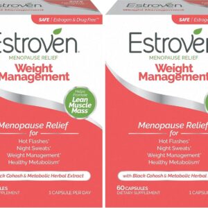 Estroven Weight Management for Menopause Relief - 60 Ct. - Clinically Proven Ingredients Help Manage Weight, Provide Night Sweats & Hot Flash Relief - Drug-Free & Gluten-Free, (Pack of 2)