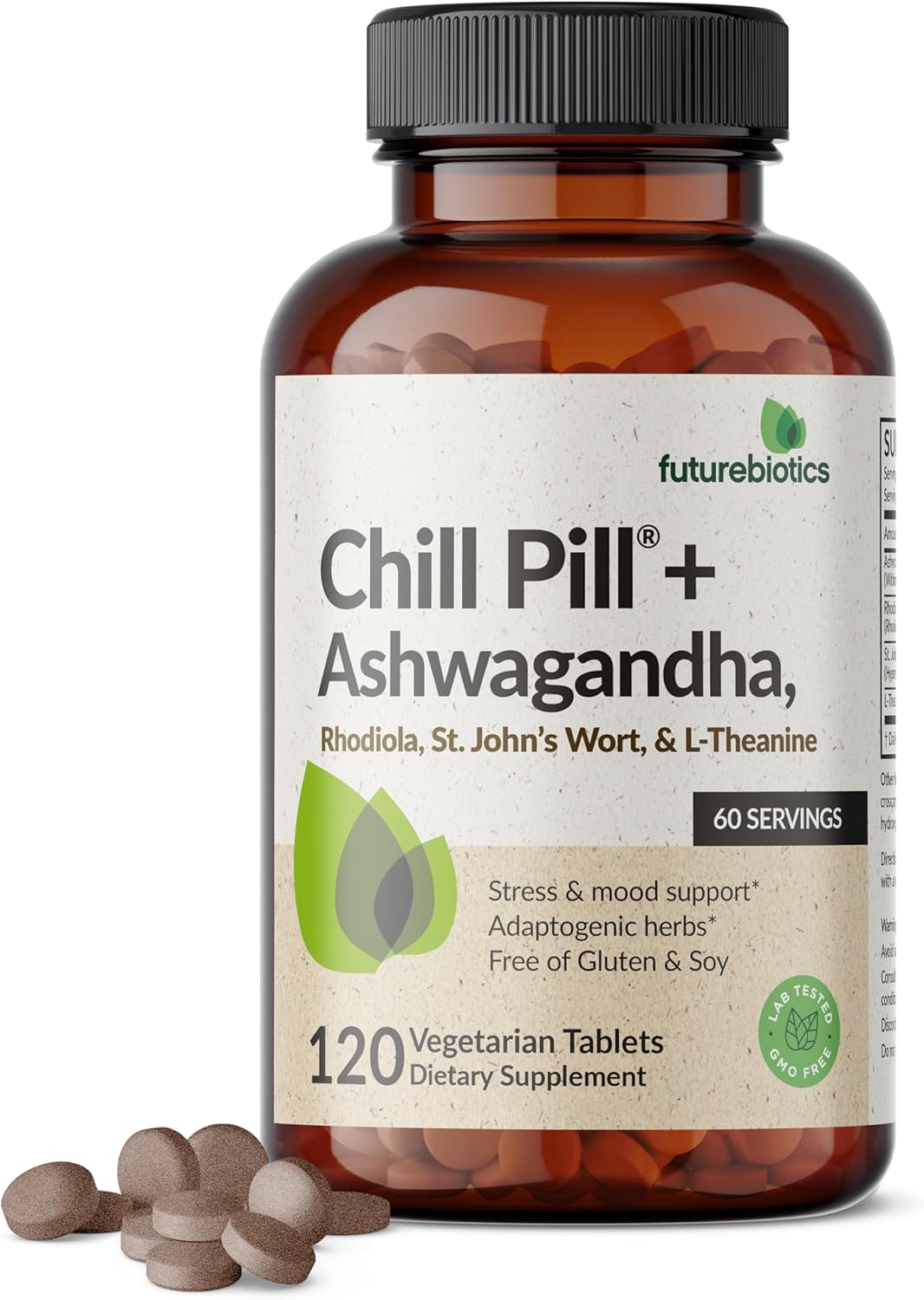 Futurebiotics Chill Pill + Ashwagandha, Rhodiola, St. John’s Wort, & L-Theanine - Non-GMO, 120 Vegetarian Tablets