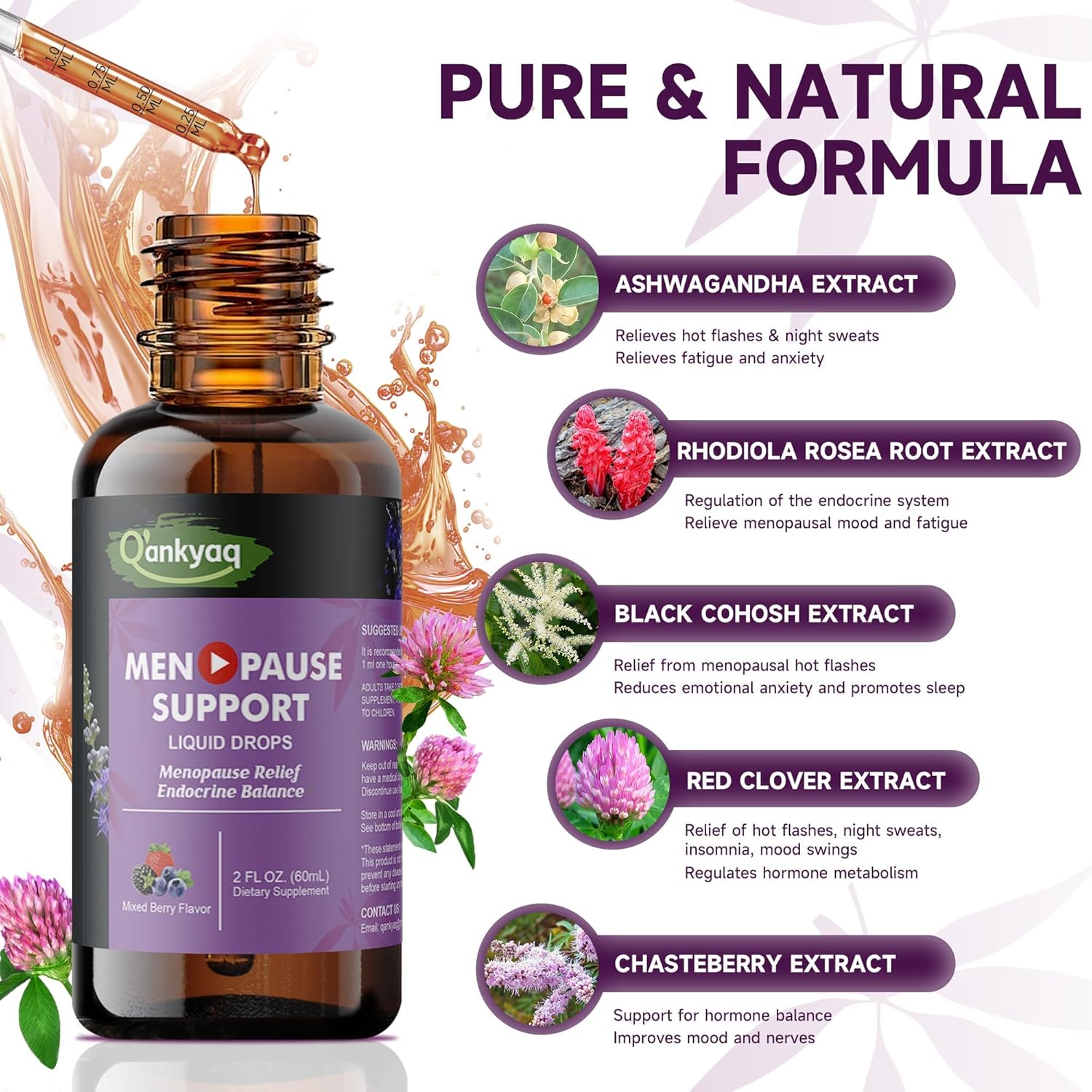 Q'ankyaq Menopause Support Liquid Drops with Ashwagandha, Red Clover, Black Cohosh, Chasteberry - Hot Flashes, Hormone Balance, Mood & Energy, Metabolism, 2 Fl Oz - Image 2