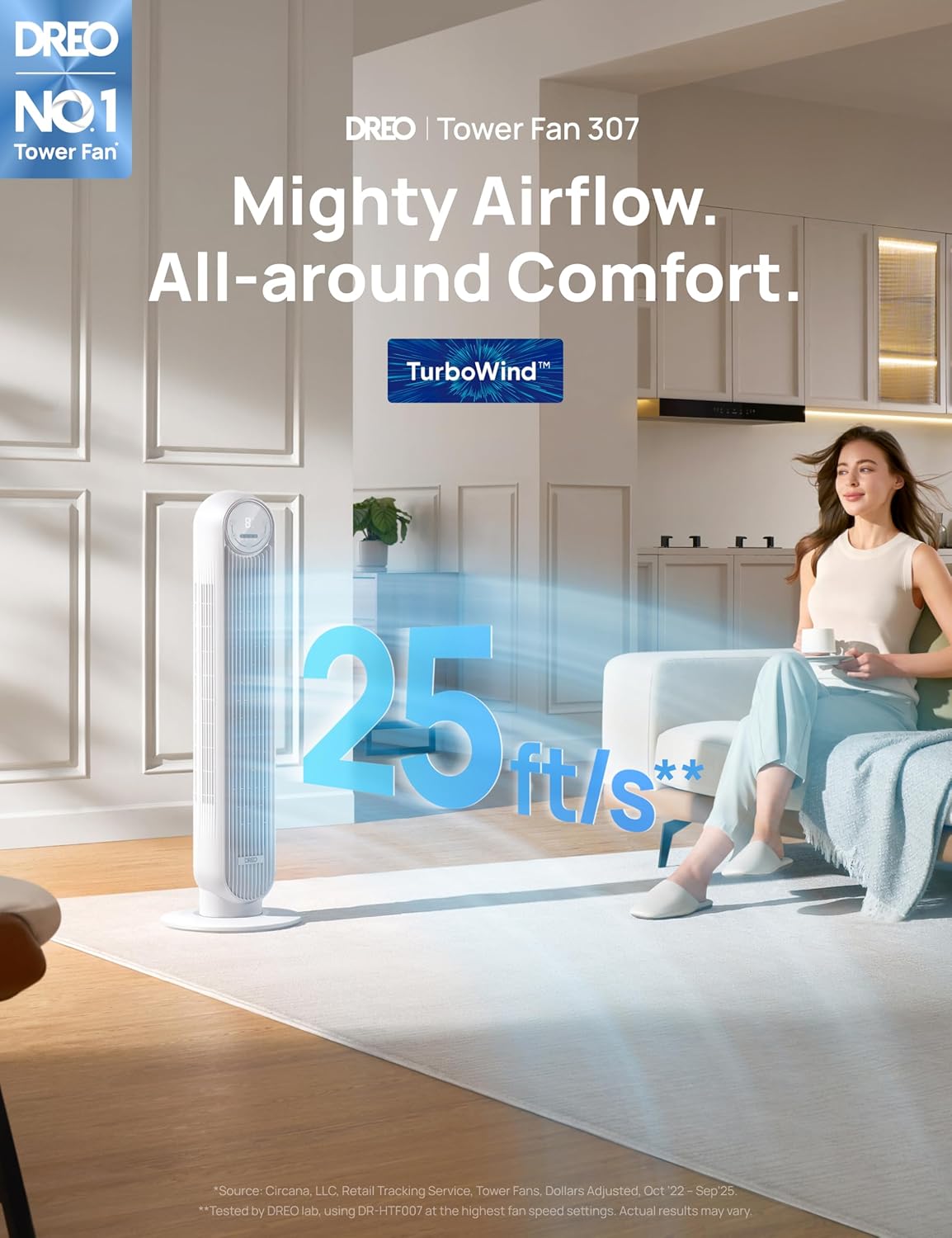 DREO Tower Fan for Bedroom, 25ft/s Velocity Quiet Floor Fan, 90° Oscillating Fans for Indoors with 4 Speeds, 4 Modes, 8H Timer, Standing Fans, Bladeless Fan, White (DR-HTF007) - Image 2