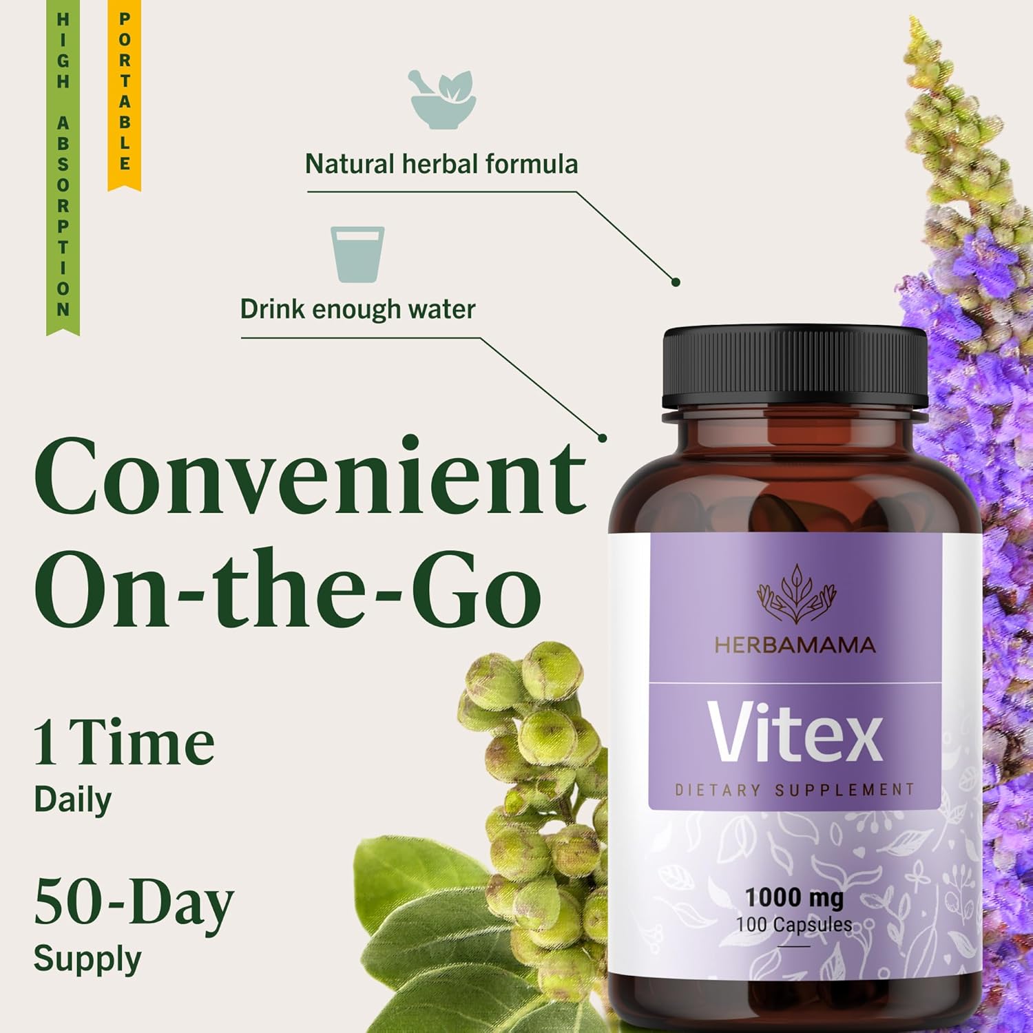 HERBAMAMA Vitex Berry Capsules – Natural Menopause Supplements* for Women – 1000mg Vitex Chasteberry Fruit per Serving for Menopause Support* – Vegan, Non-GMO – 50-Day Supply - Image 6