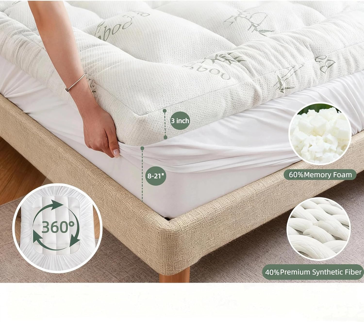 Bamboo Mattress Topper Queen Size with Deep Pocket 1700 GSM Fill Cooling Shredded Memory Foam Mattress Pad Rayon Derived from Bamboo, Ideal for Side Sleepers, Back Pain, Hot Sleepers - Image 4