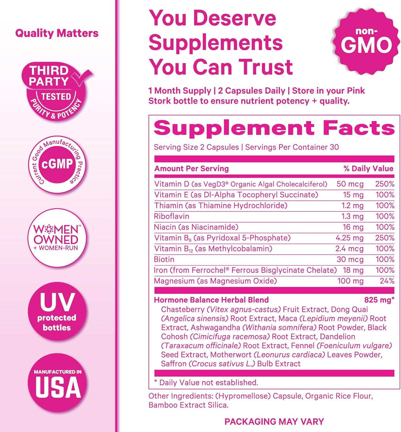 Pink Stork Hormone Balance Multivitamin for Women | 18-in-1 Vitex, Saffron, Ashwagandha, Magnesium | Mood, Energy, Cortisol, Adrenal Support | PMS, Perimenopause Support | 60 Vegan Capsules - Image 6