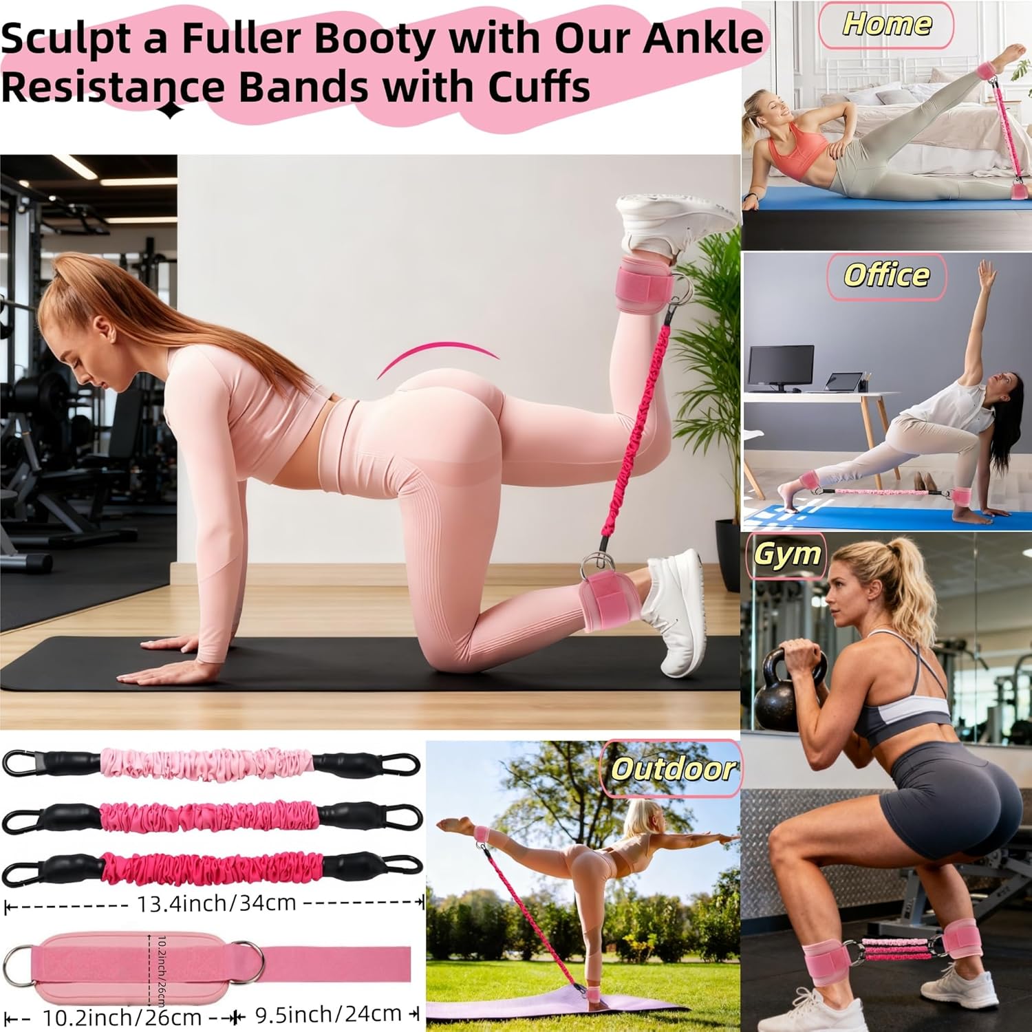 Women Glute Workout Equipment Set, Ankle Resistance Bands with Cuffs Long Yoga Resistance Bands Socks & Bag, Glute Sculpting at Home Set for Gym Equipment Pilates Kit - Image 3