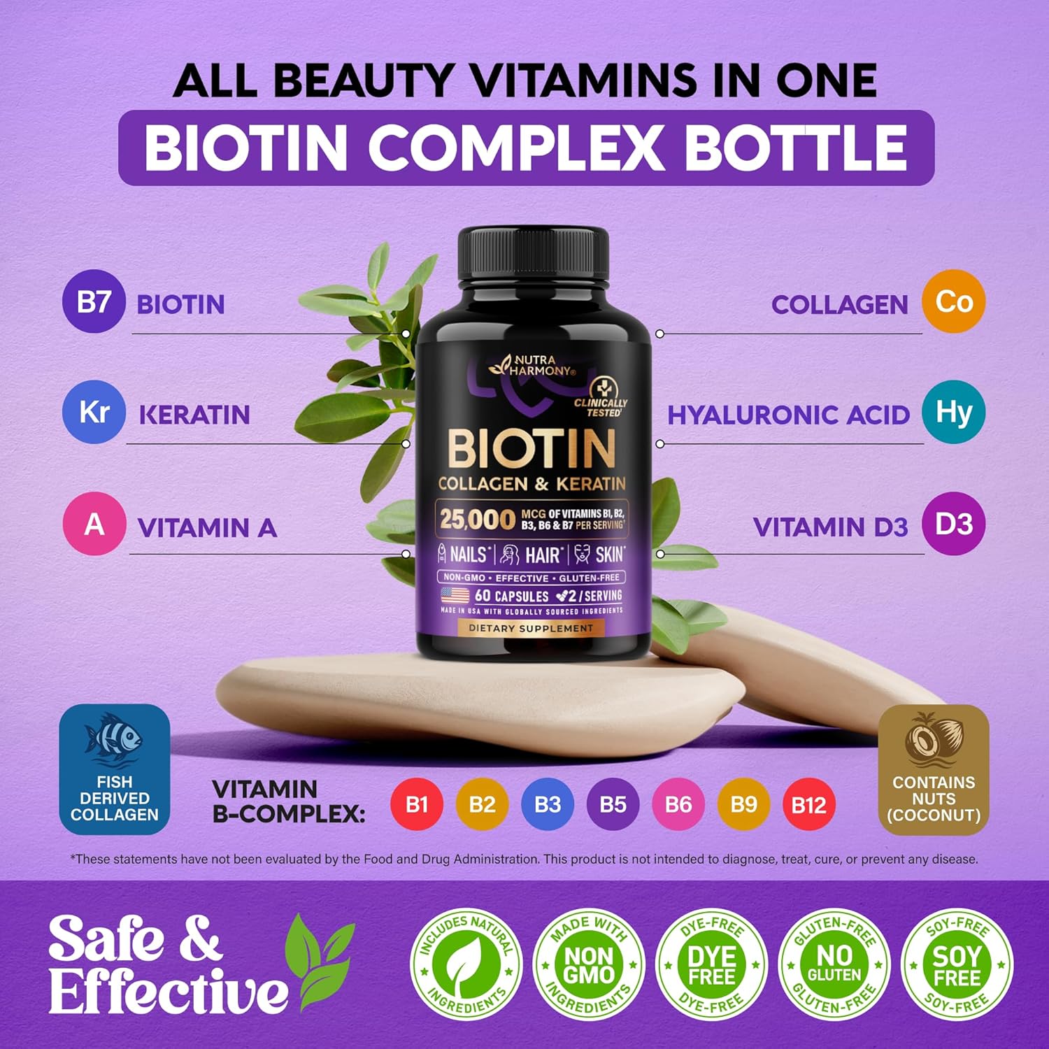 Biotin | Collagen | Hyaluronic Acid | Keratin - Support Normal Hair Growth Cycle, Skin & Nails - Clinically Tested - 25000mcg Vitamins B1, B2, B3, B6 & B7 - for Women & Men - Made in USA | 60 Capsules - Image 4