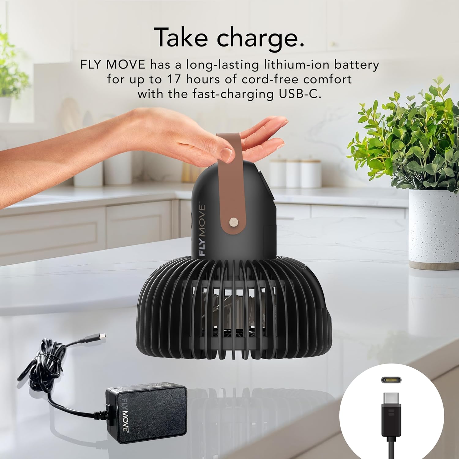 Vornado FLY MOVE Rechargeable Fan Handheld, Up to 17 Hour Battery Power Life on Low, 3 Speed Settings, Minimal Footprint, Small Portable Fan, Powerful Airflow, Travel Friendly, USB-C Charger, Black - Image 3