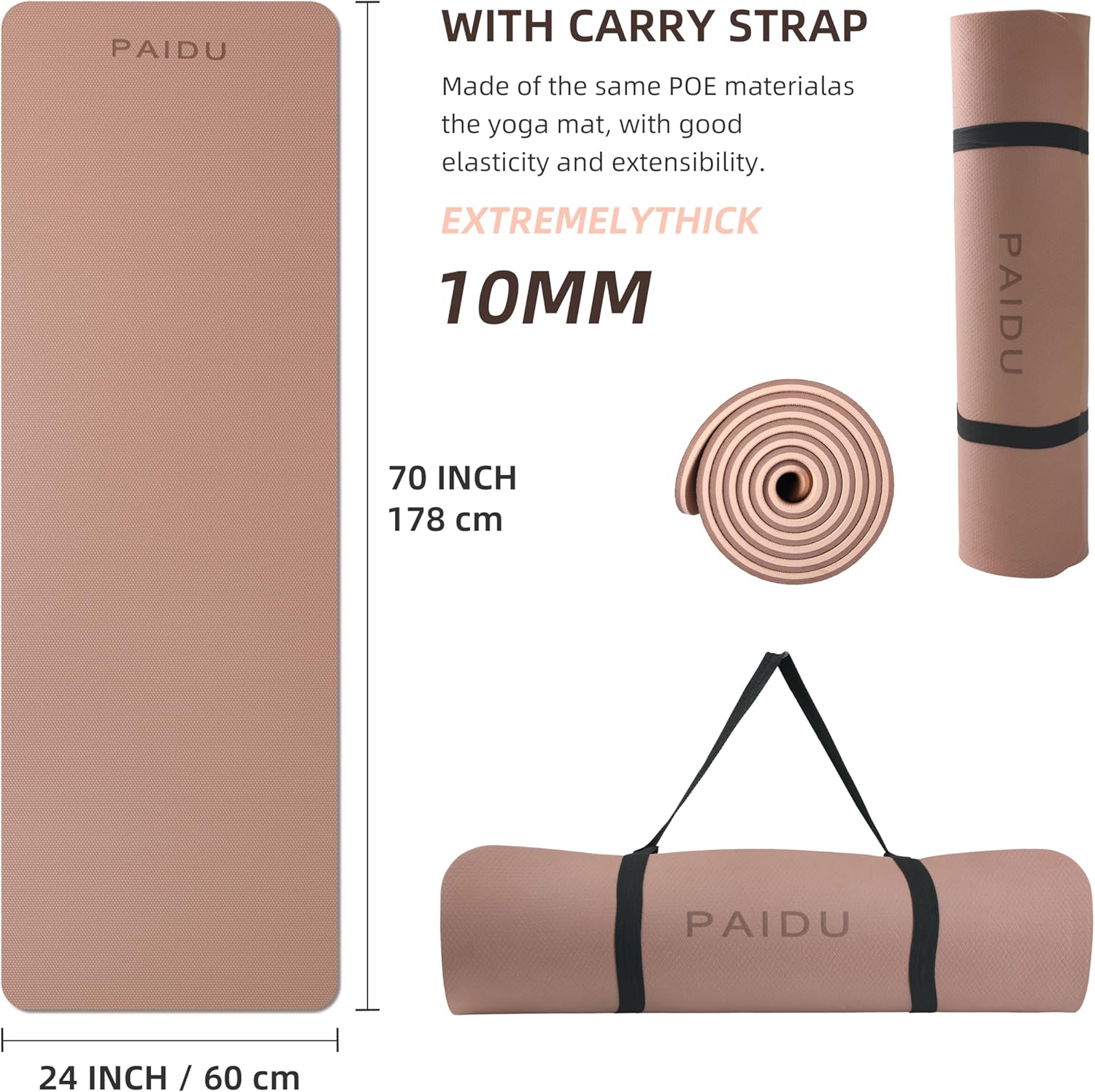 PAIDU Yoga Mat Non Slip Anti-tear,extra thick-2/5 inch(10MM)High Resiliency Professional POE Yoga Mats for Women Men Kids,72"x24"inch,Workout, Yoga, Pilates and Floor Exercise, with Carrier Strap - Image 2