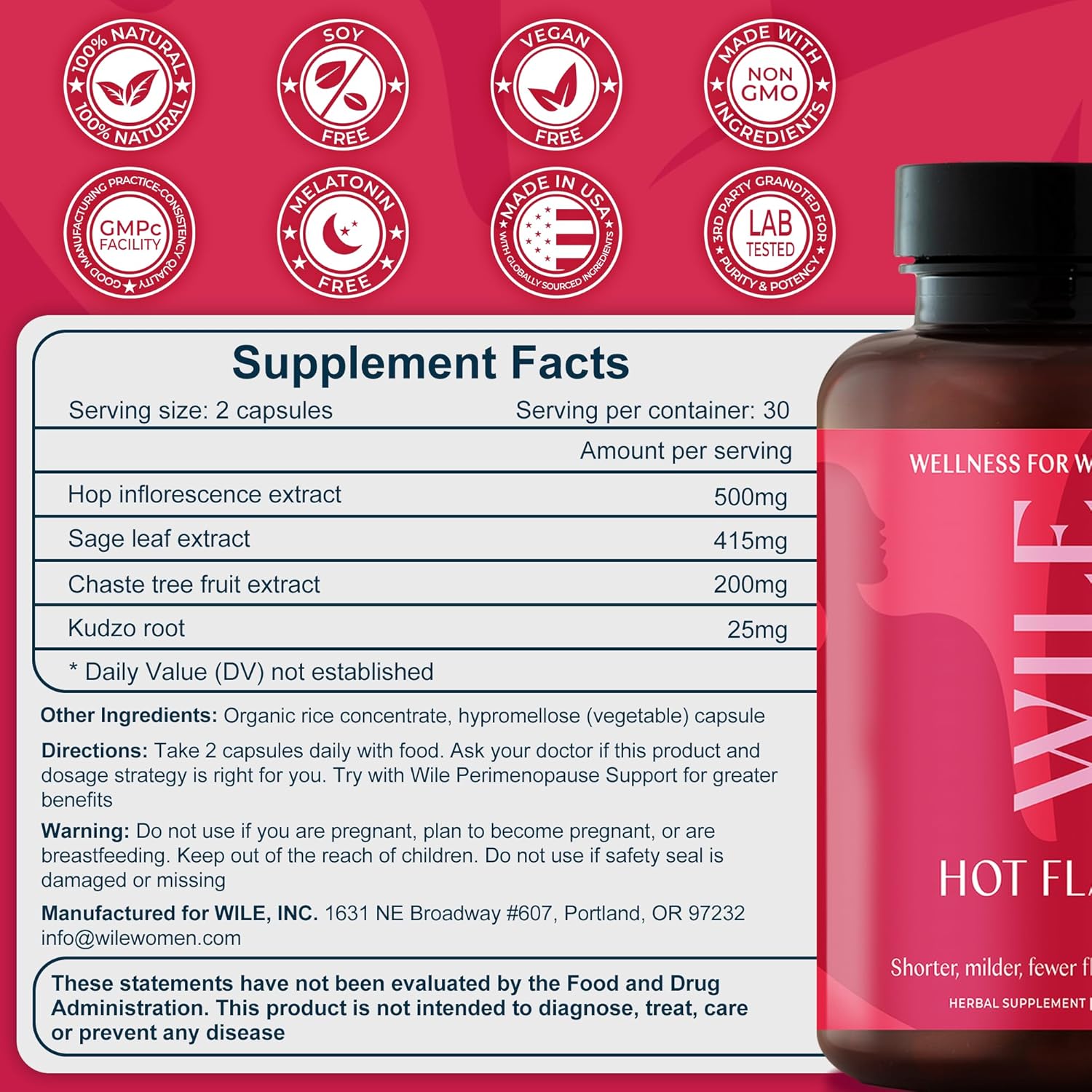 WILE Menopause and Perimenopause Supplements for Women - Hot Flashes and Night Sweats Relief with Kudzu Root - Premenopause Support for Stress, Hot Flash, Hormone Balance & Restful Sleep, 30 Servings - Image 4