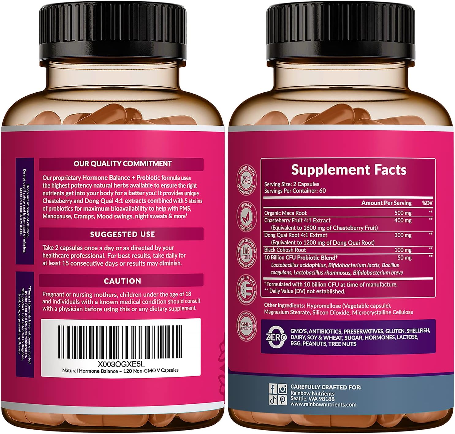 Hormone Balance + Probiotics for Women- Natural Menopause Relief, Weight Management, Bloating, Hot Flashes, PMS | Organic Maca, Chasteberry, Dong Quai & Black Cohosh | Non GMO |120 V Capsules - Image 7