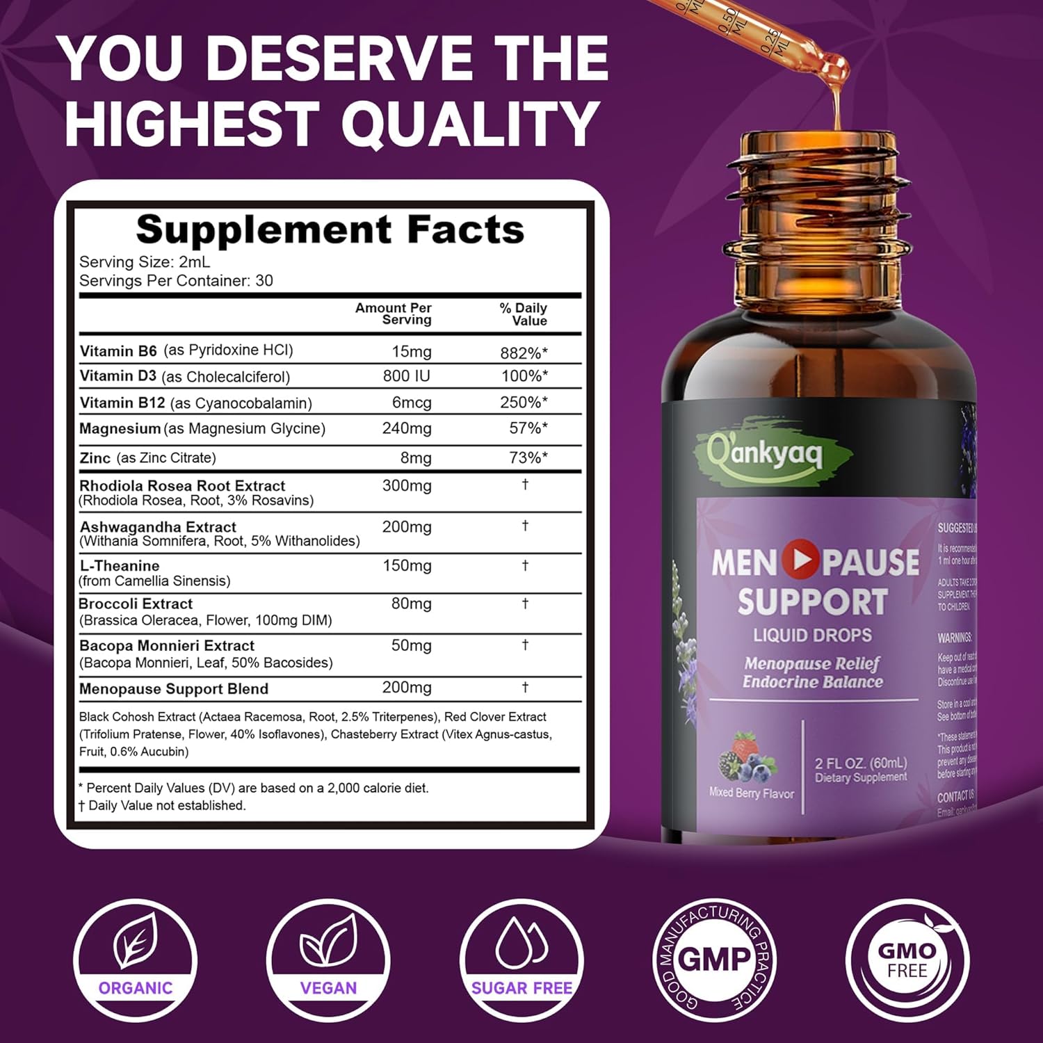Q'ankyaq Menopause Support Liquid Drops with Ashwagandha, Red Clover, Black Cohosh, Chasteberry - Hot Flashes, Hormone Balance, Mood & Energy, Metabolism, 2 Fl Oz - Image 4