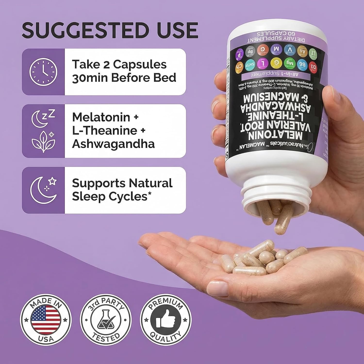 Clean Nutraceuticals Melatonin 10mg Valerian Root L Theanine 200mg Ashwagandha - Sleep Support for Women & Men with Magnesium Complex, Lemon Balm, Chamomile, & Passion Flower - 60 Caps - Image 6