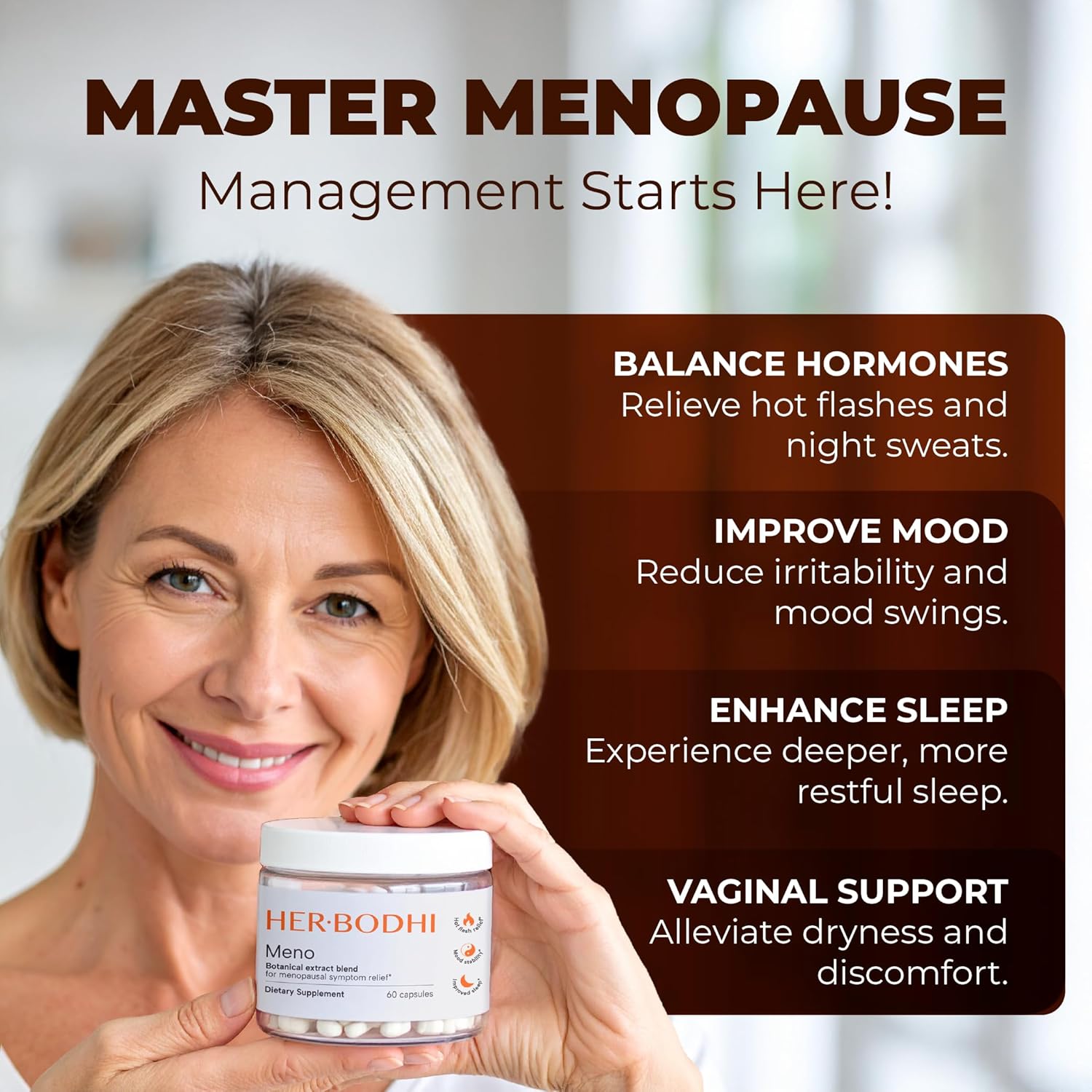 Her Bodhi Meno- Menopause Hormonal Balance for Women, Estrogen Soy Isoflavones Menopause Supplement for Women, Ashwagandha, Black Cohosh Hot Flashes Menopause Relief, Night Sweats Relief 120Caps - Image 3
