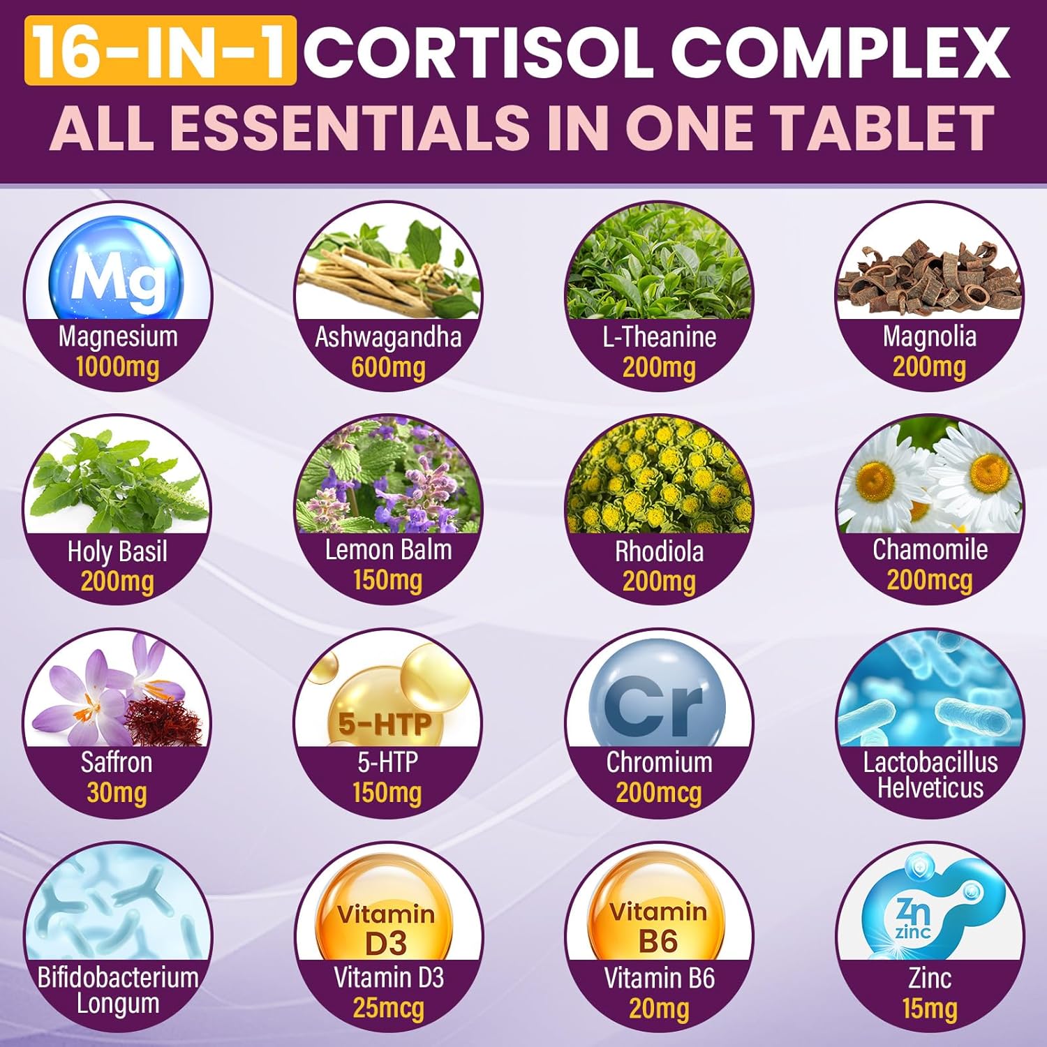 Cortisol Supplements for Women, 16 IN 1 Cortisol Detox for Women, with Magnesium, Ashwagandha, L-Theanine & Probiotics, Cortisol Reducer Manager for Hormone Balance, Mood & Digestion, 90 Tablets - Image 5
