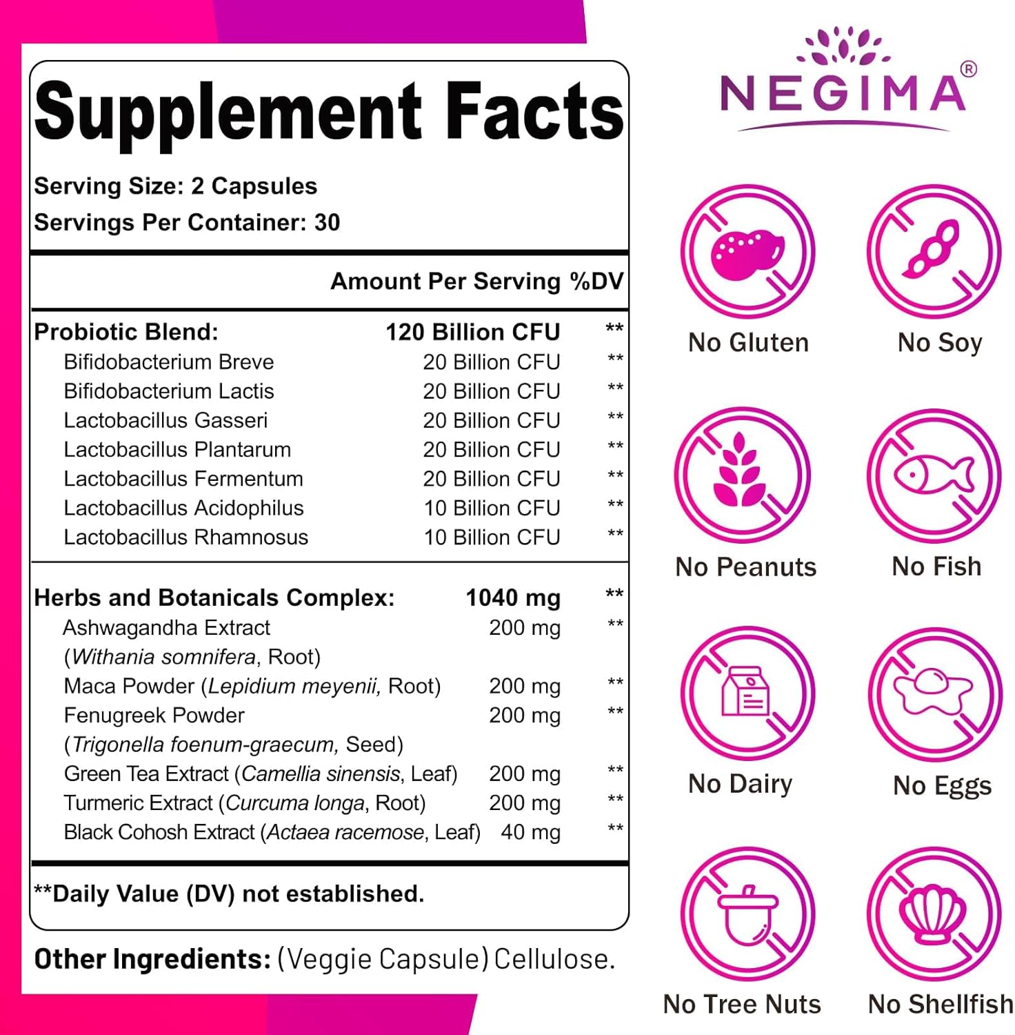Negima Menopause Supplements for Women, 120 Billion CFUs Probiotics for Women, 13-in-1 Herbs & Botanicals Complex, for Hormone Menopause, Hot Flashes, Night Sweats, Mood Swings, Sleep - 120 Capsules - Image 2