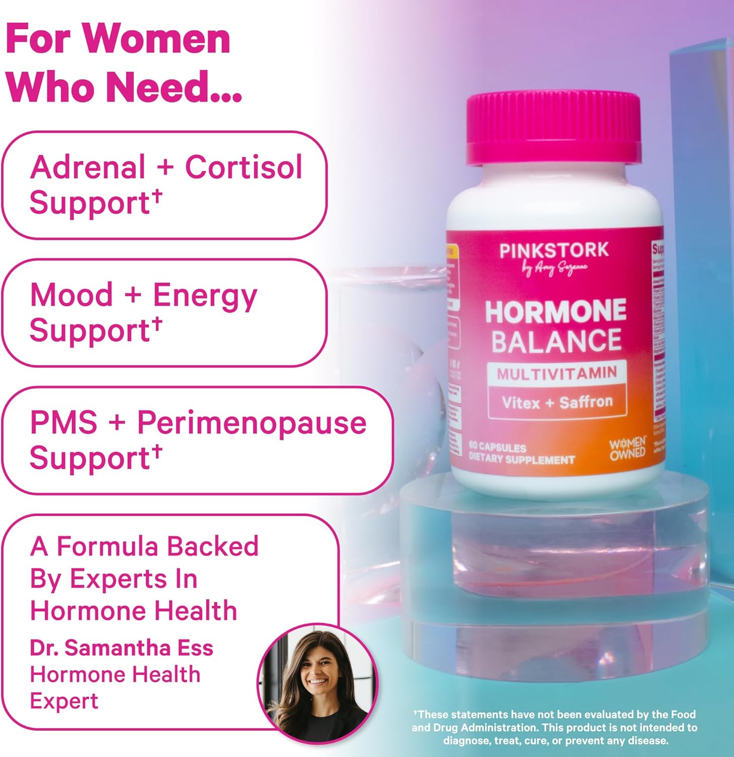 Pink Stork Hormone Balance Multivitamin for Women | 18-in-1 Vitex, Saffron, Ashwagandha, Magnesium | Mood, Energy, Cortisol, Adrenal Support | PMS, Perimenopause Support | 60 Vegan Capsules - Image 3